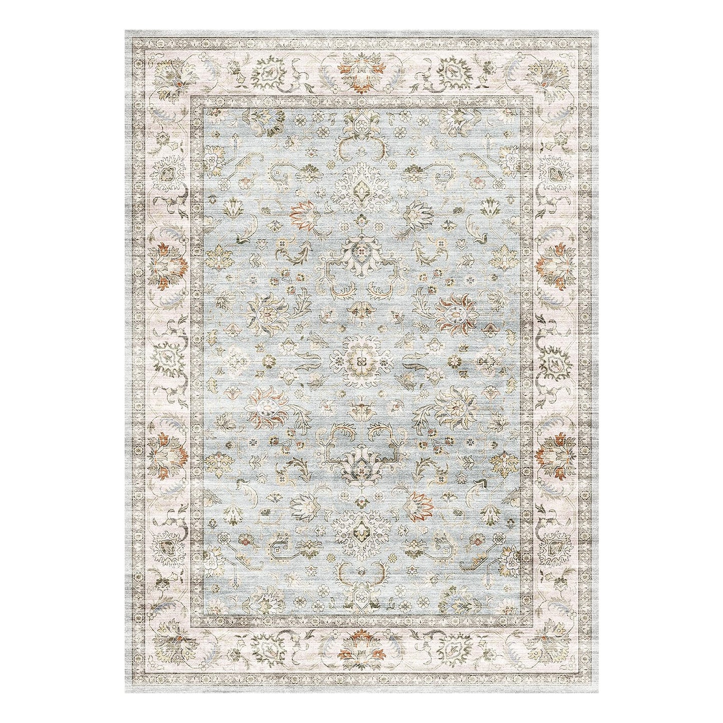 WITSHOCK 5x7 Washable Area Rug, Vintage Rug Traditional Floor Cover, Boho Rug for Living Room Bedroom Kitchen Accent Rug, Non-Slip Stain Low Pile Resistant Floor Carpet, Light Blue
