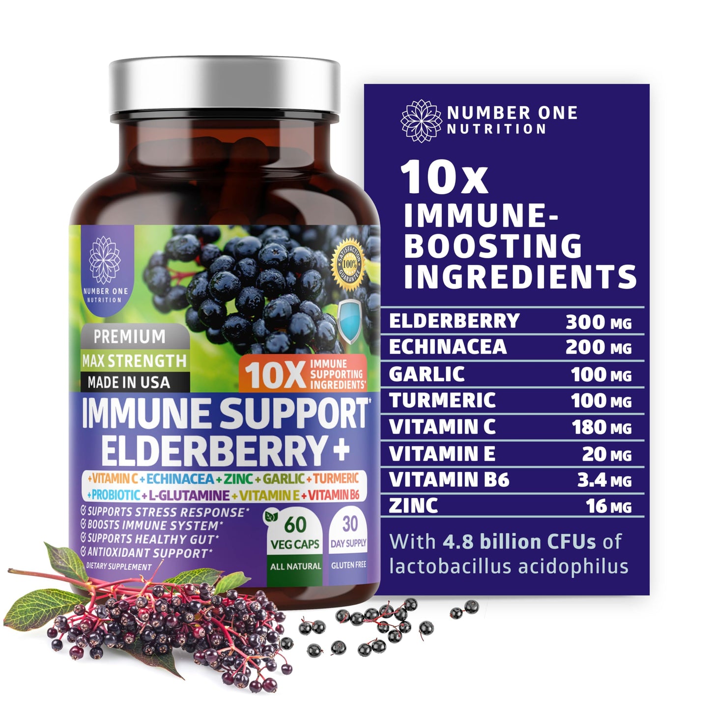 N1N Premium 10 in 1 Immune Support Booster [10 Potent Ingredients] with Elderberry, Vitamin C, Echinacea, Zinc, Turmeric and Probiotic for Immune Support, Gut Health and Better Digestion, 60 Veg Caps