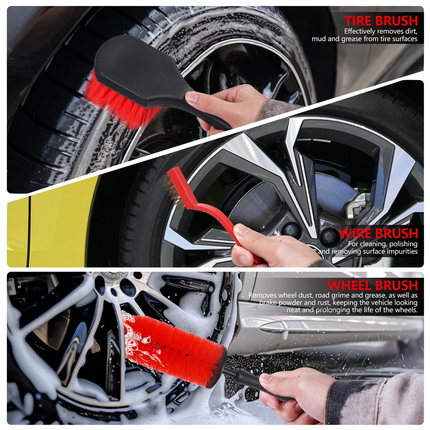 MIANYINGR 35Pcs Car Detailing Kit, Drill Brush Attachments with Detailing Brush Set and Tools Box, Red Auto Cleaning Kit Interior for Wheels, Dashboard, Windows (B：35PCS-R)