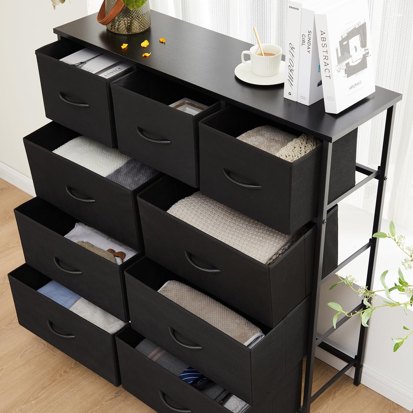 DUMOS Dresser for Bedroom, Storage Organizer with 9 Drawers, Chest of Drawers with Fabric Bins, Sturdy Metal Frame, Wood Tabletop for Guest Room, Closet, Entryway, Nursery