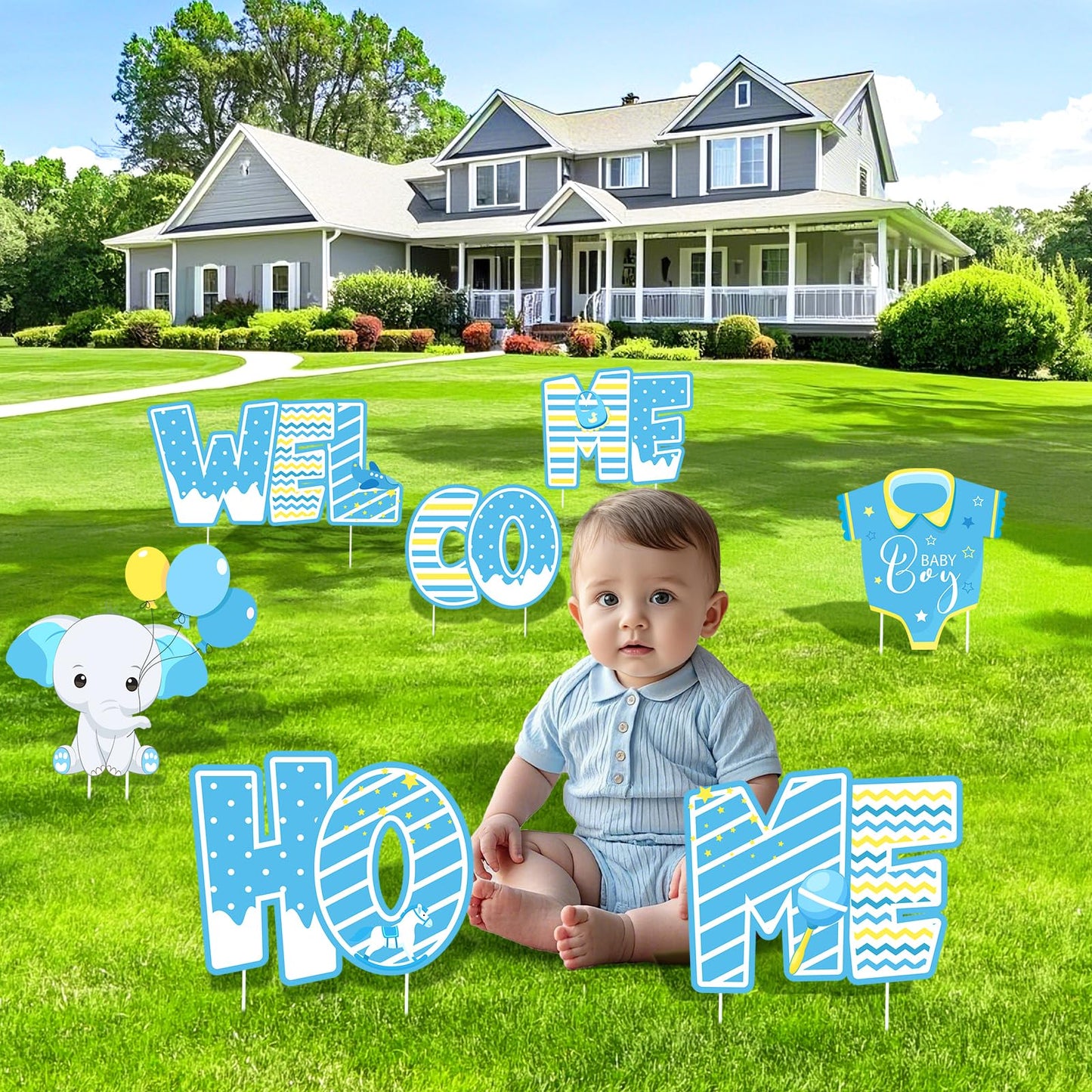 Welcome Home Baby Boy Decorations 7 Pieces Welcome Baby Boy Yard Sign with Stakes Blue Gender Reveal Lawn Sign for Baby Shower Party Supplies Newborn Announcement Outdoor Lawn Garden Yard Decor
