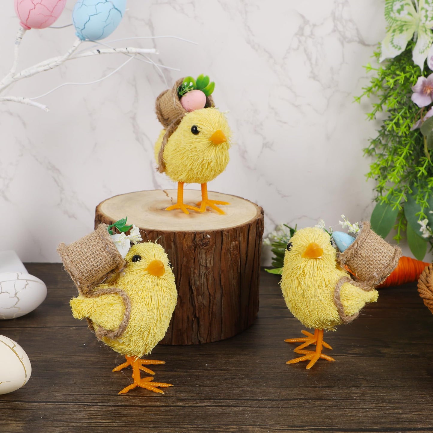 DR.DUDU Set of 3 Easter Decorations 4.5" Straw Chick Figurines with Egg Baskets, Realistic Baby Chick Tabletop Decor, Sisal Chicken Statue Farm Animal Spring Decor for Home Kitchen Office Farmhouse