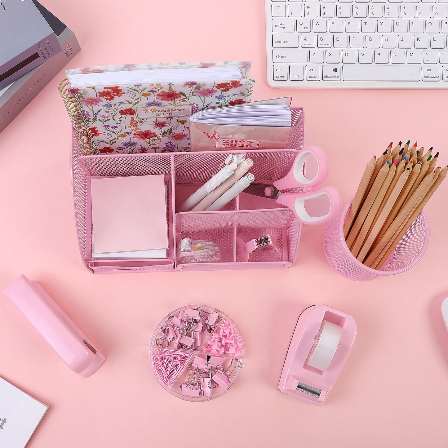 SKYDUE Pink Desk Accessories, Pink Office Supplies Set, Mesh Desk Organizer, Stapler, Tape Dispenser, Scissors, Binder/Paper Clips and 1000pcs Staples,Pink Desk Organizer for Women