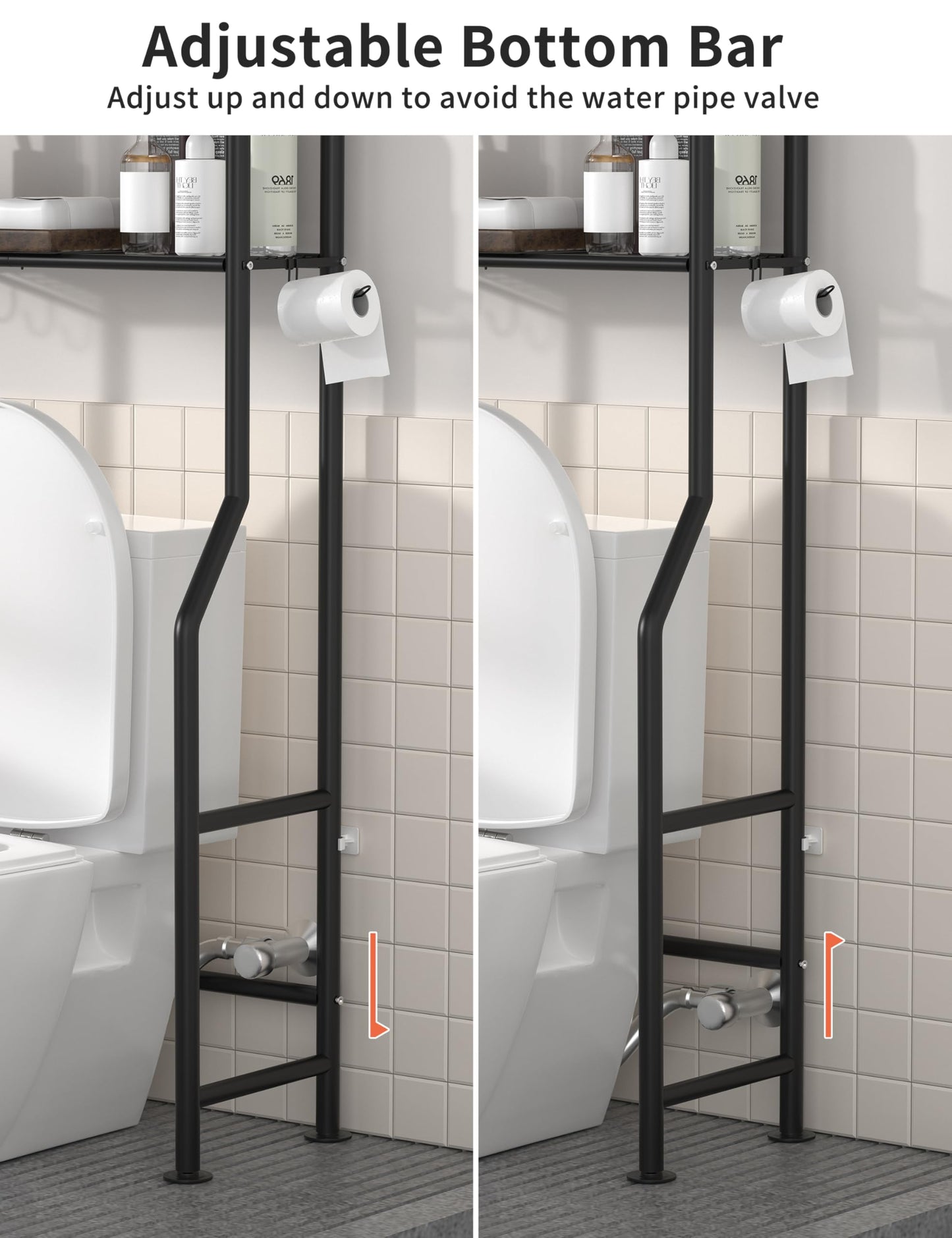 Livilord 3-Tier Over The Toilet Storage, Freestanding Metal Bathroom Shelves with 4 Hooks, Over Toilet Storage Shelf with Paper Holder, Above The Toilet Shelf for Bathroom Storage, Black