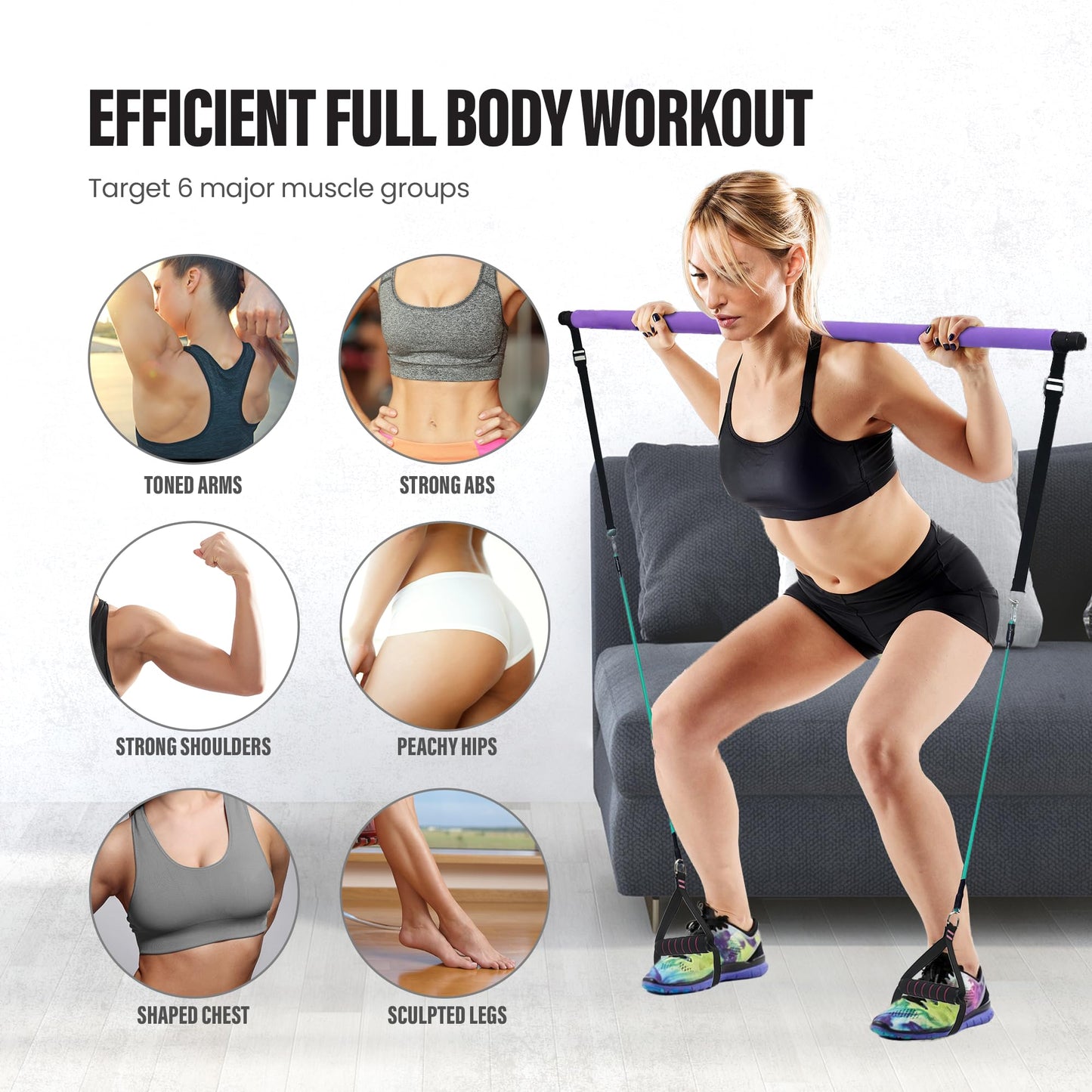 Pilates Bar Kit with Resistance Bands – Adjustable 39” Steel Bar & 6 Stackable Bands (40-180lbs), Full Body Pilates Kit for Home Workouts for Women & Men, Portable Pilates Reformer Strength Training