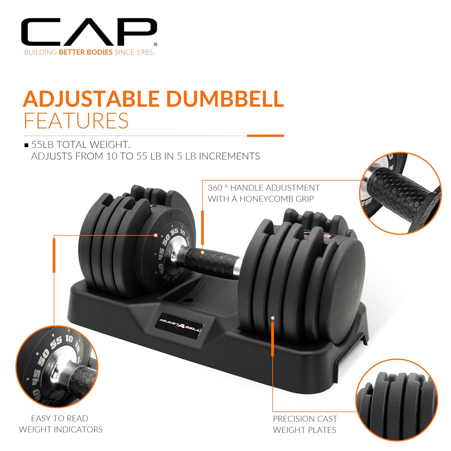 CAP Barbell ADJUSTABELL® 25 lb Pair of Adjustable Dumbbells with Contoured Full Rotation Handle, Honeycomb Chrome and Black Handle