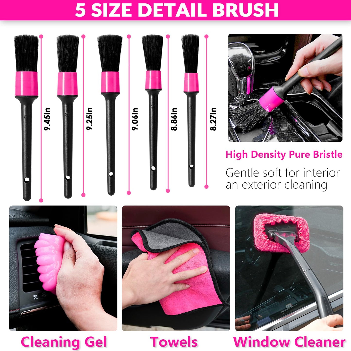 ThinkLearn Car Cleaning Kit, Car Vacuum Detailing Kit Interior with High Power Handheld Vacuum and 7Pcs Detailing Brush Set, Well-Designed Women's Pink Car Accessories Bag