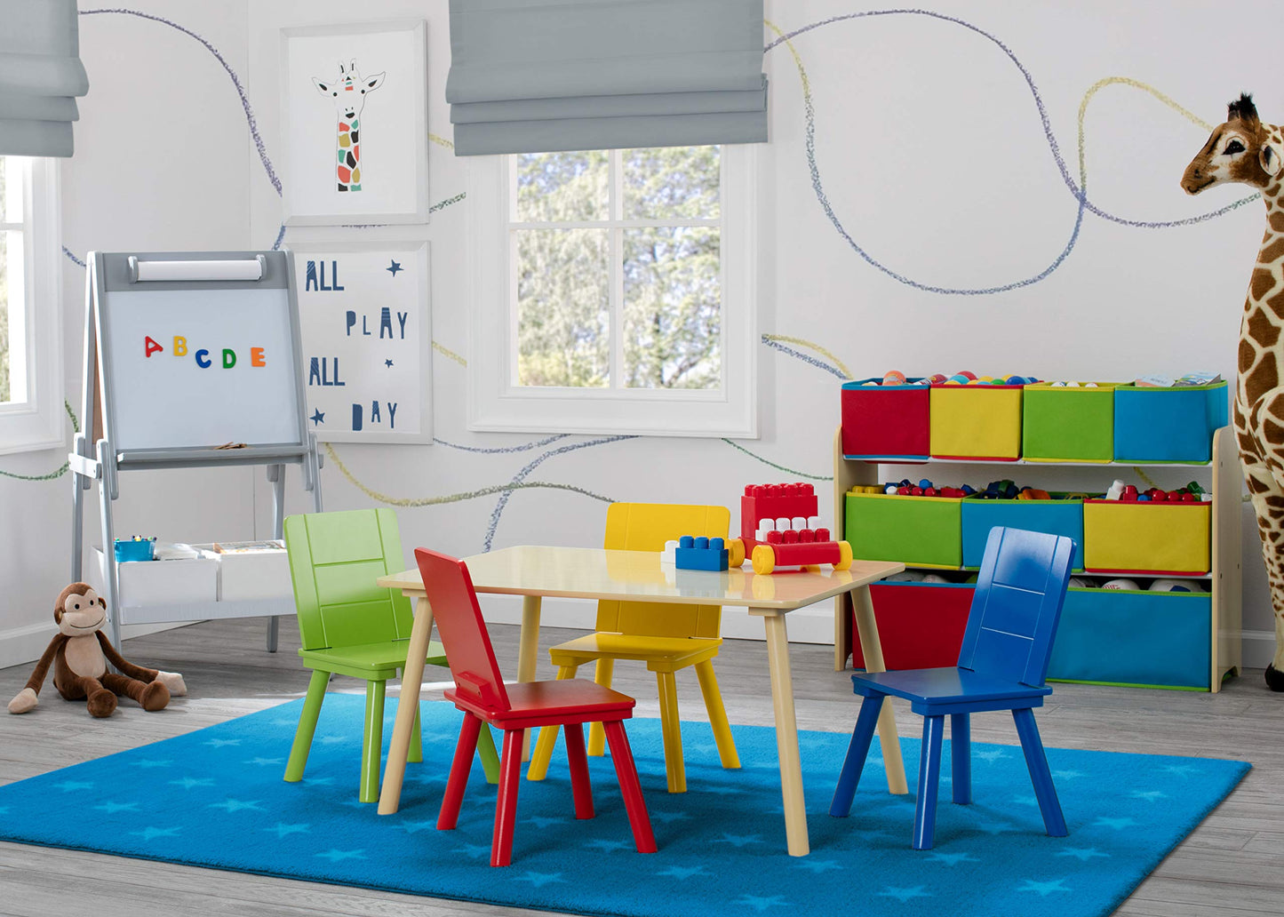 Delta Children Kids Table and Chair Set (4 Chairs Included), Natural/Primary