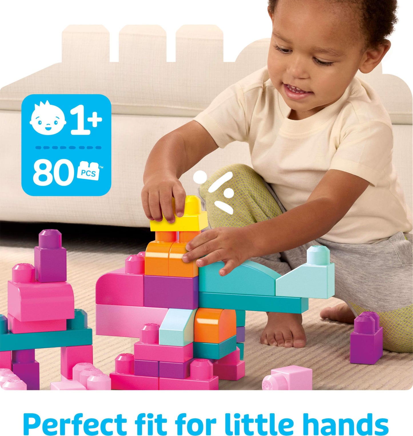 MEGA BLOKS First Builders Toddler Blocks Toys Set, Big Building Bag with 80 Pieces and Storage, Pink, Ages 1+ Years