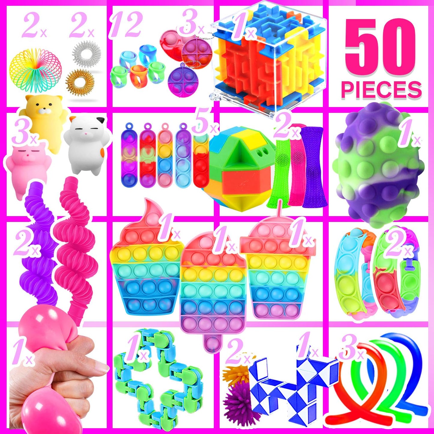 SUNNERLY Fidget Toys, 50 Pack Sensory Toy Set Bulk Stocking Stuffers Carnival Treasure Box Classroom Prizes Gifts Party Favors for Kids Adults Boys Girls, Stress Relief Anxiety Relief Autism Autistic