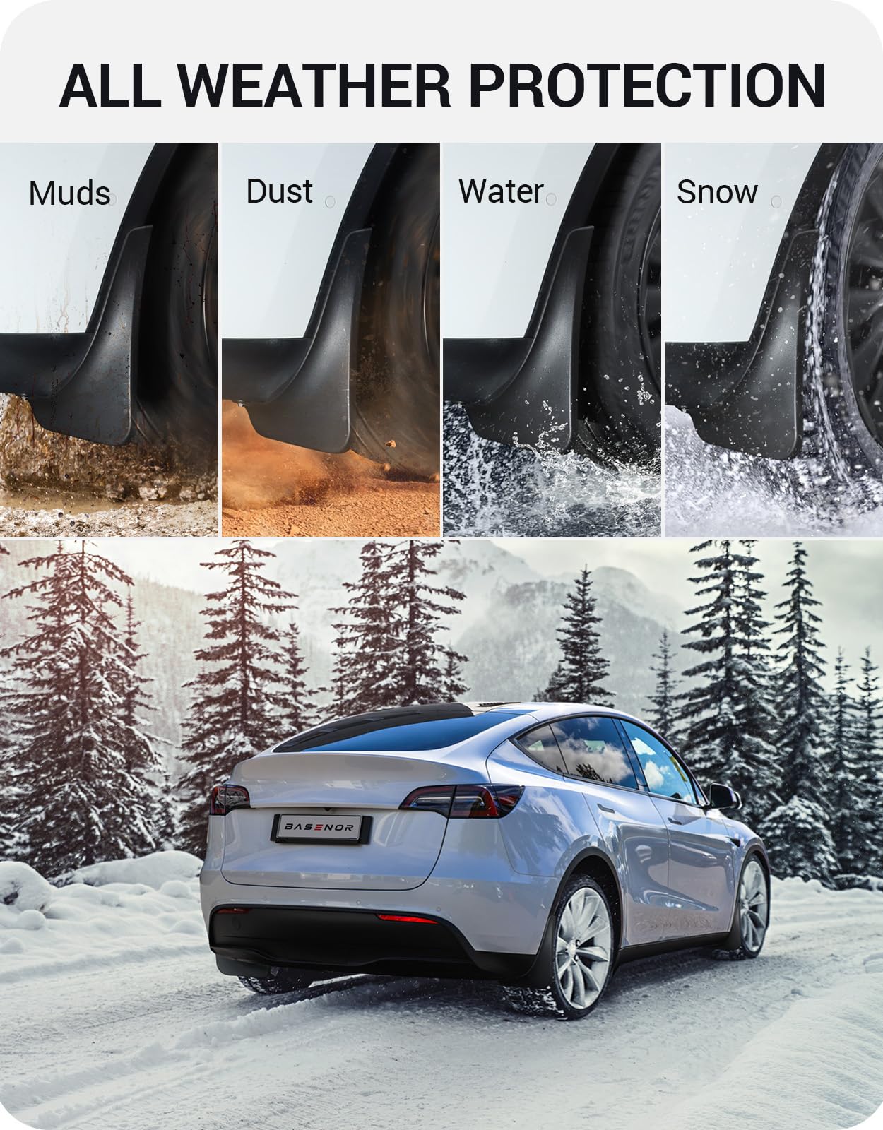 BASENOR 2025 Upgraded Tesla Model Y Mud Flaps Splash Guards Vehicle Sediment Protection No Drilling No Tape Mudflaps Tire Protector Mudflaps All Weather Tesla Exterior Accessories (Set of 4)