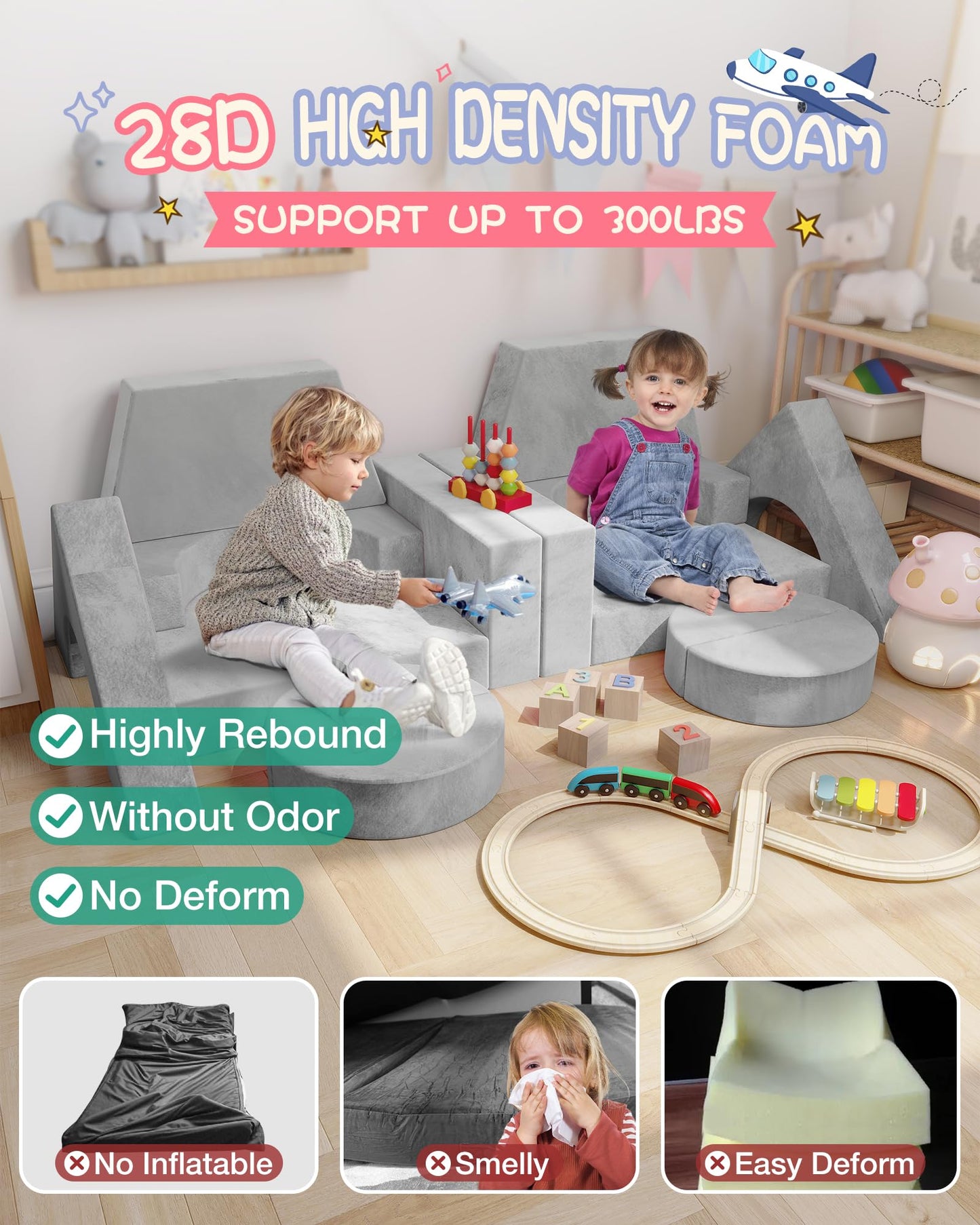 YEFU 15pcs Modular Kids Play Couch, Kids Couch for Toddler & Children, Toddler couches, Kid Couches Fort Building kit for Playroom Furniture, Kid Play Couches, Convertible Sofa for Boys & Girls, Grey