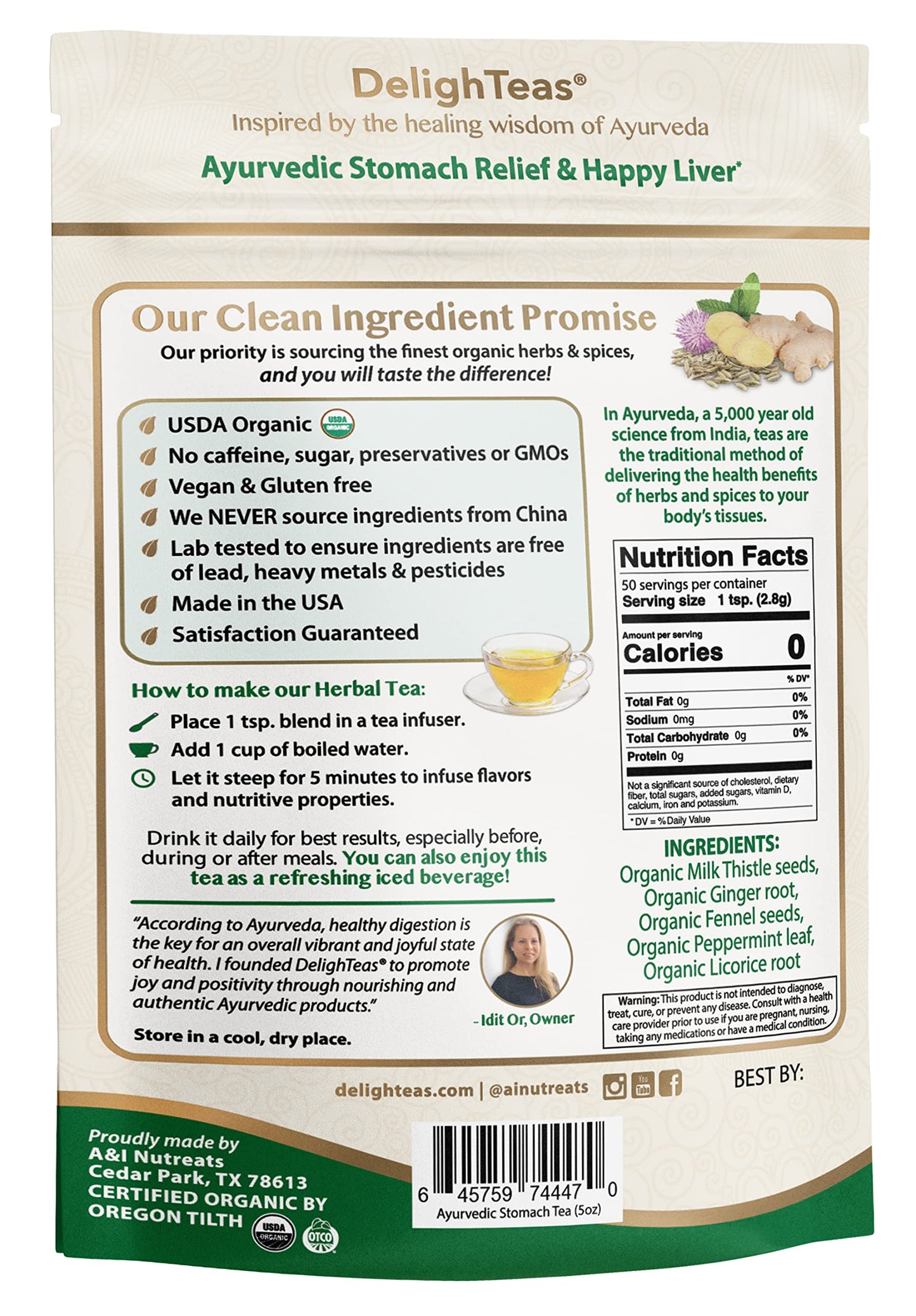DelighTeas Liver Detox tea | Stomach Relief & Liver Cleansing | Ayurvedic Loose Leaf Milk Thistle, Fennel, Ginger Tea for Digestion | USDA Organic, Vegan, Caffeine Free, Sugar Free | 50 Servings, 5oz