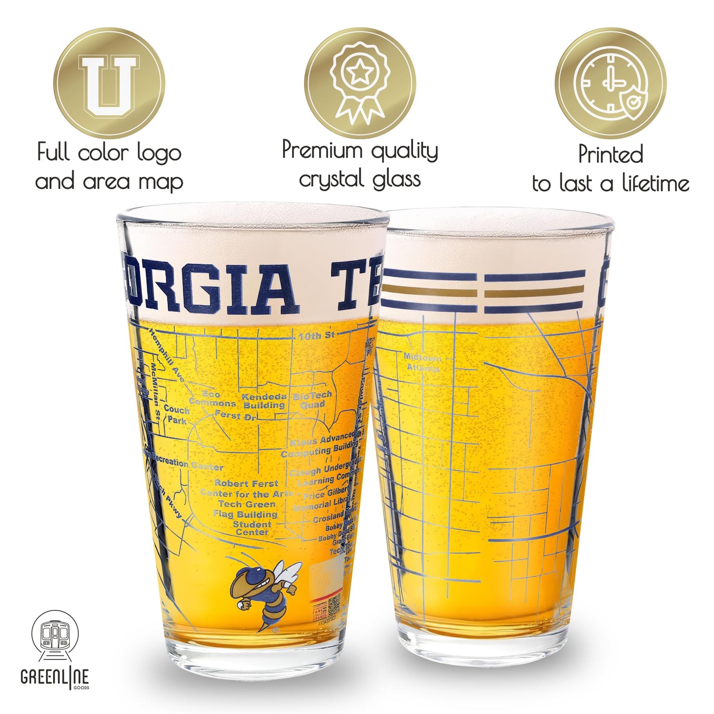 Greenline Goods Georgia Tech Pint Beer Glasses Set of 2 - Full Color Yellow Jackets Logo & Campus Map – Georgia Tech Gift Idea for College Grads & Alumni - College Glassware