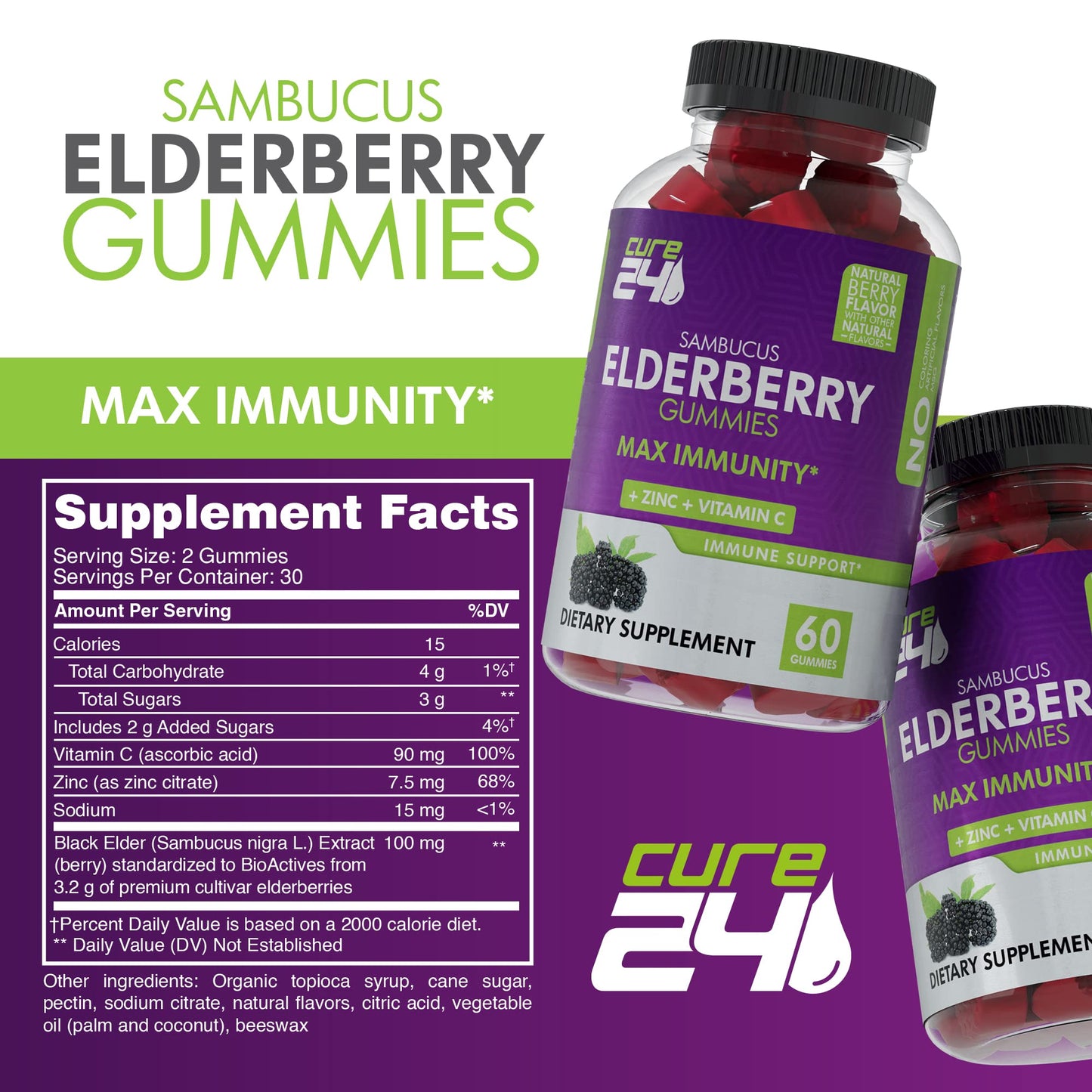 Cure24 Sambucus Elderberry Gummies + Vitamin C + Zinc for Kids & Adults, X3 Immune Support, Natural Flavors + Ingredients, Vegan, Non-GMO, Made in USA (60)