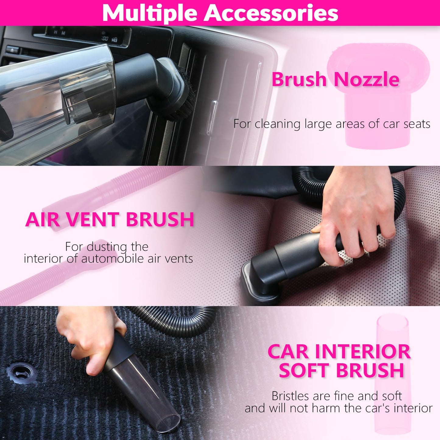 ThinkLearn Car Cleaning Kit, Car Vacuum Detailing Kit Interior with High Power Handheld Vacuum and 7Pcs Detailing Brush Set, Well-Designed Women's Pink Car Accessories Bag