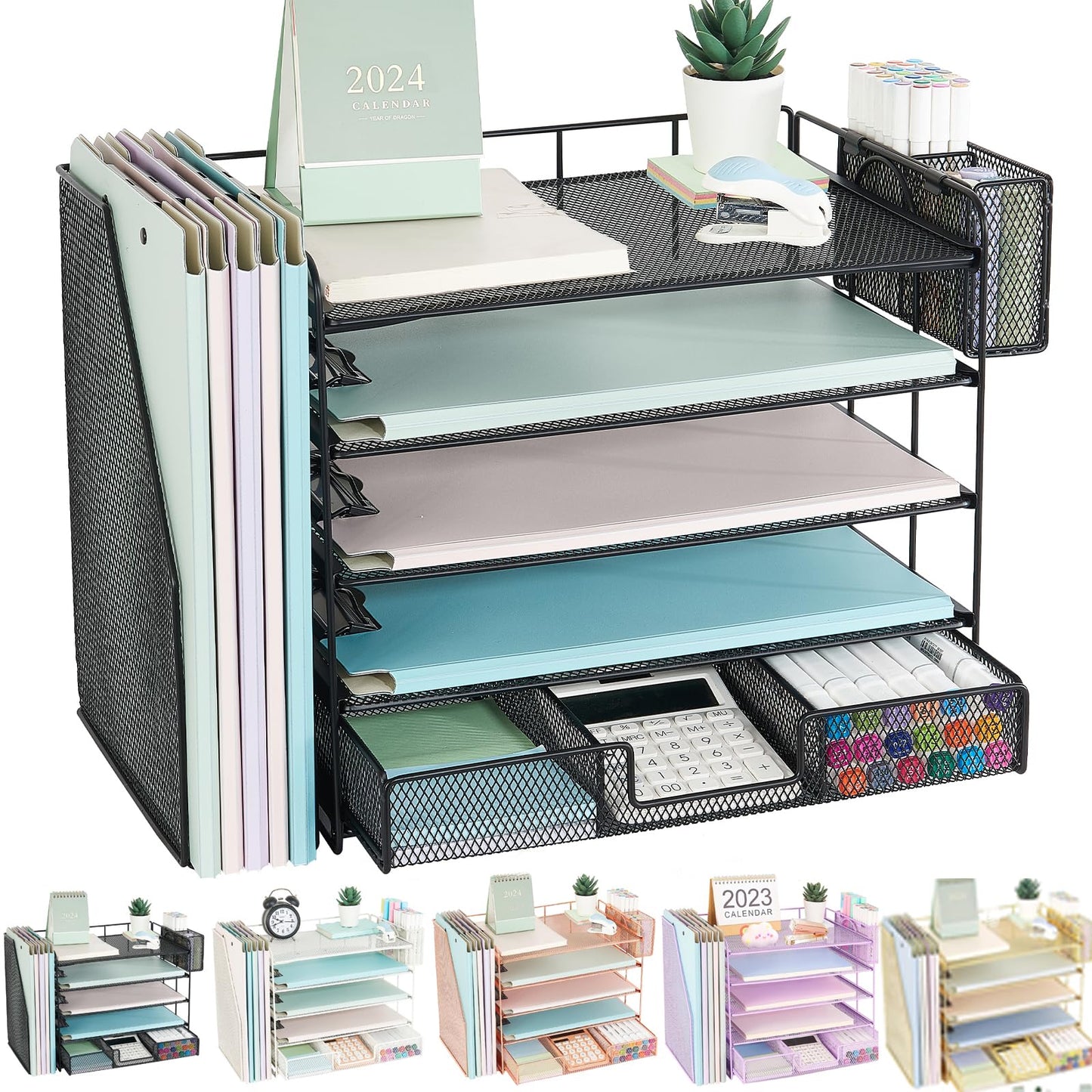 Youbetia Paper Tray Organizer with Mesh File Holder, 5 Tier Desk Accessories & Workspace Desk Organizers with Pen Holder, Office Desk Accessories Desktop Organization for Office Supplies (Black)