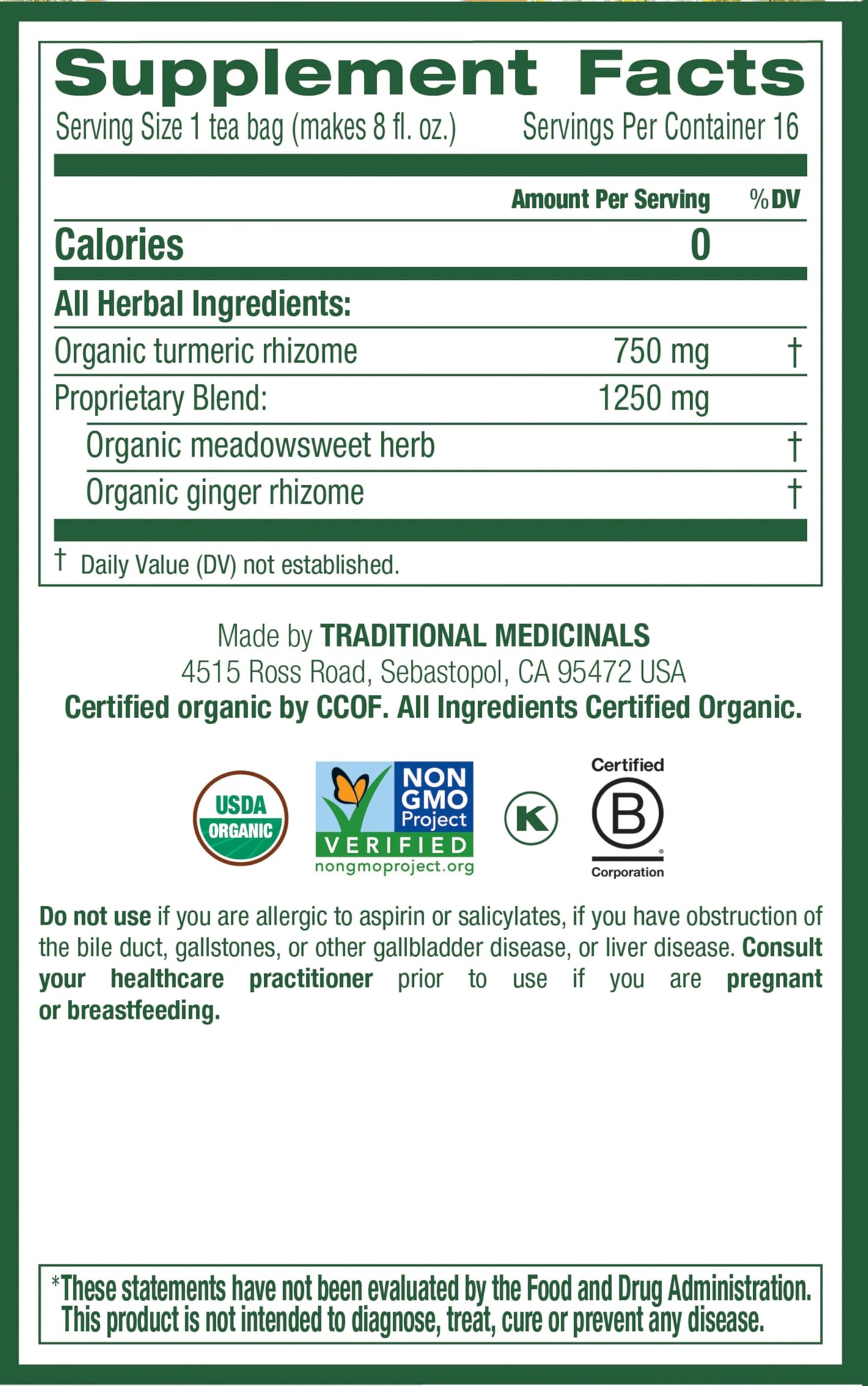 Traditional Medicinals Tea, Organic Turmeric w/Meadowsweet & Ginger, Supports a Healthy Response to Inflammation, 16 Tea Bags