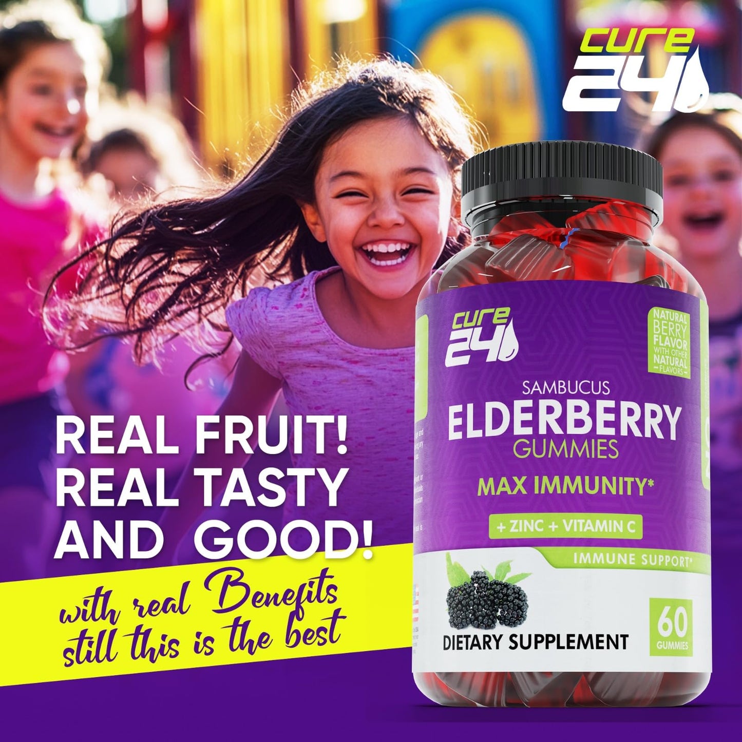 Cure24 Sambucus Elderberry Gummies + Vitamin C + Zinc for Kids & Adults, X3 Immune Support, Natural Flavors + Ingredients, Vegan, Non-GMO, Made in USA (60)