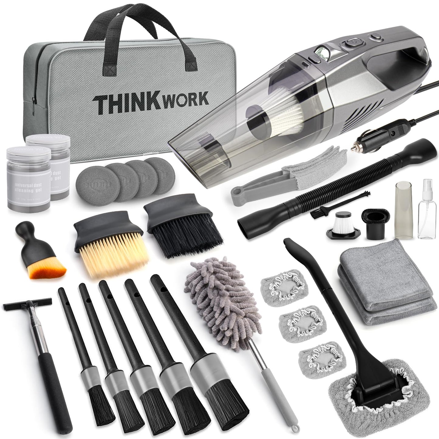 THINKWORK Car Cleaning Kit, Car Vacuum Kit, Car Detailing Kit Interior Cleaner - High Power Vacuum with 10Pcs Brush and Storage Bag, Gray Car Interior Cleaning Kit for Men and Women