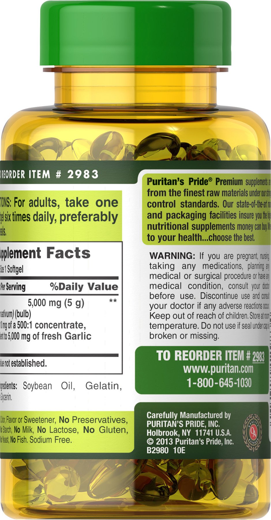 Puritan's Pride Premium Garlic Fresh 5000mg, Traditional Dietary Supplement for Heart Health and Circulation Support with Antioxidant Properties, 250 Rapid Release Softgels