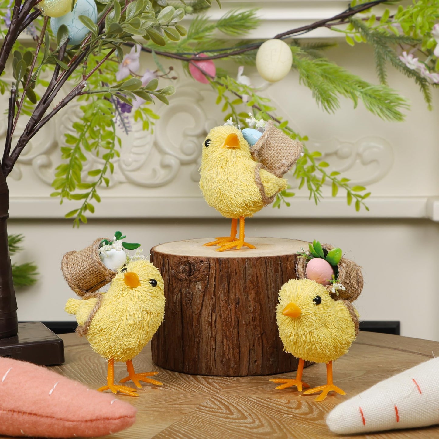 DR.DUDU Set of 3 Easter Decorations 4.5" Straw Chick Figurines with Egg Baskets, Realistic Baby Chick Tabletop Decor, Sisal Chicken Statue Farm Animal Spring Decor for Home Kitchen Office Farmhouse