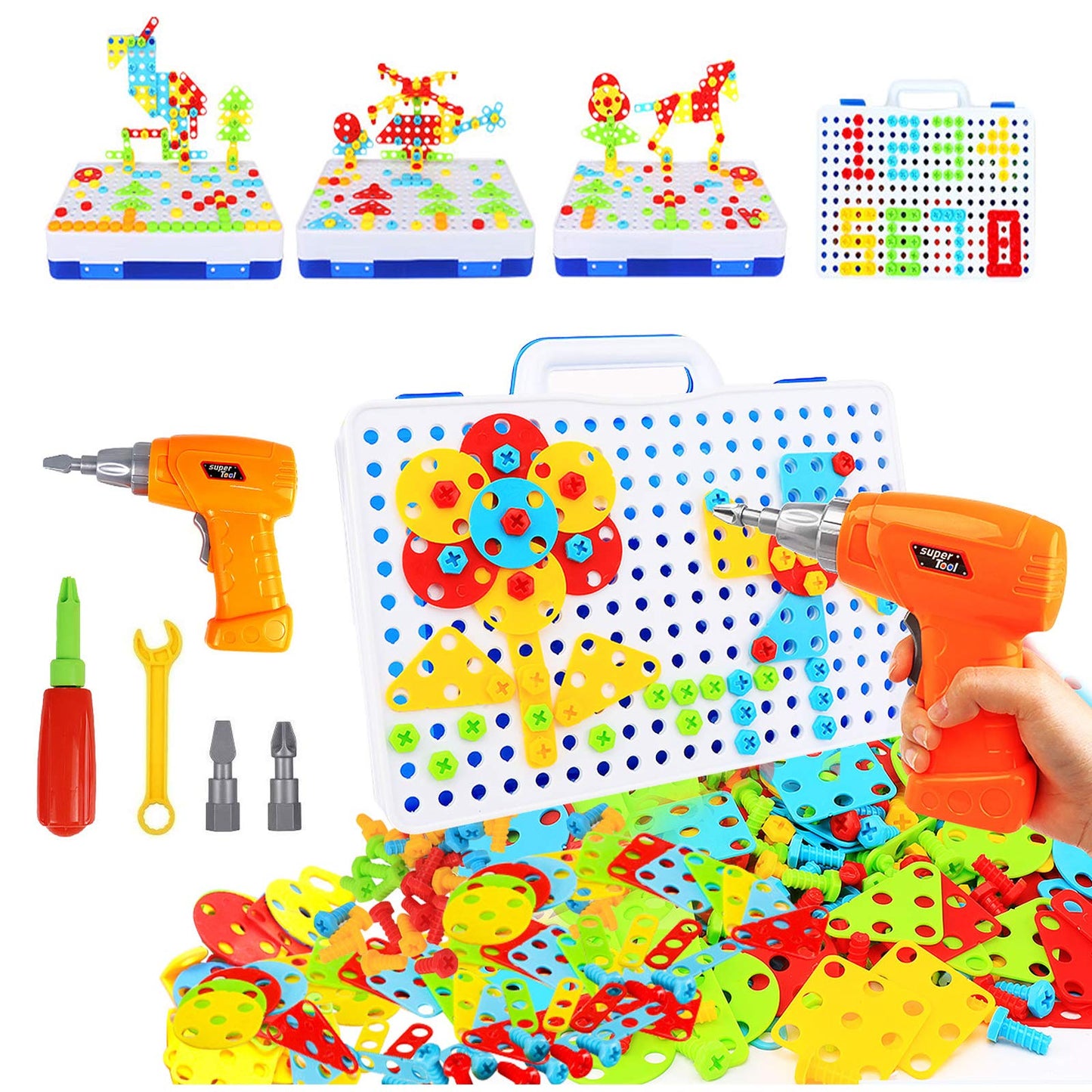 HAPTIME STEM Toys for 3 4 5 6 Year Old,Design and Drill Toy for Kid,Construction Games with Toy Drill,Creative Engineering Building Toys,Magic Montessori Play Toolbox for Toddler Boys Girls Preschool