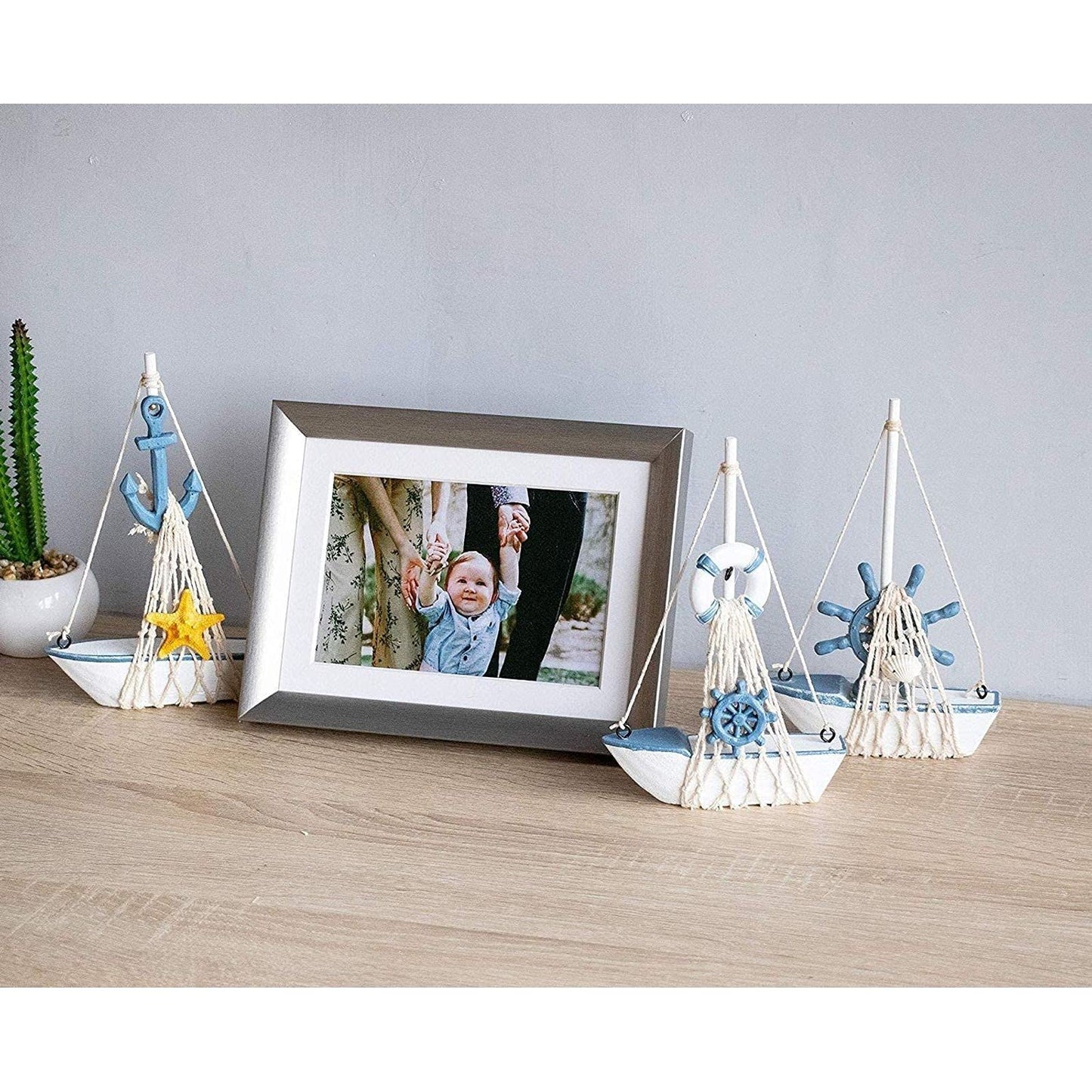 Juvale Set of 4 Mini Wooden Sailboat Models for Beach Nautical Home Decor, Miniature Boat Decorations