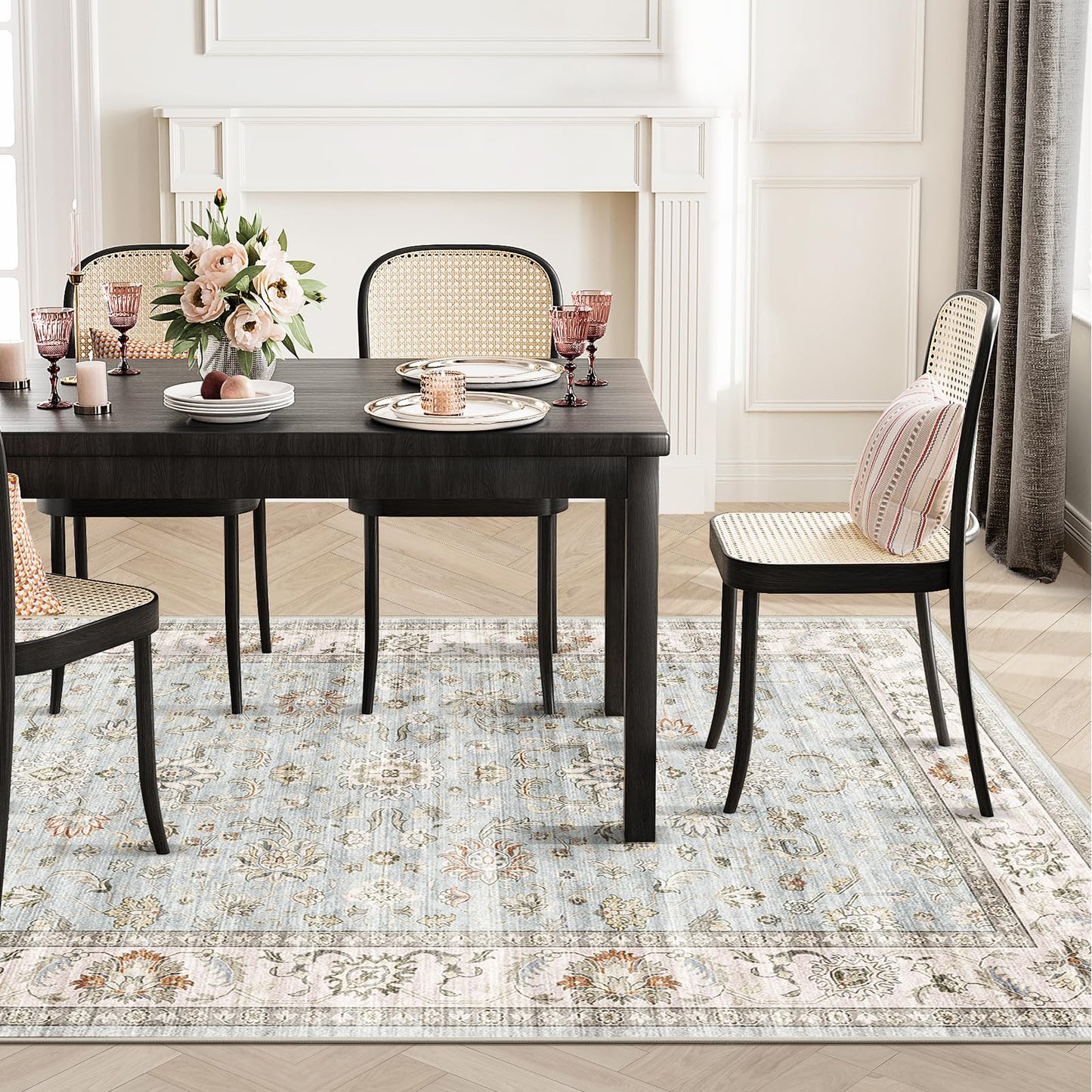 WITSHOCK 5x7 Washable Area Rug, Vintage Rug Traditional Floor Cover, Boho Rug for Living Room Bedroom Kitchen Accent Rug, Non-Slip Stain Low Pile Resistant Floor Carpet, Light Blue