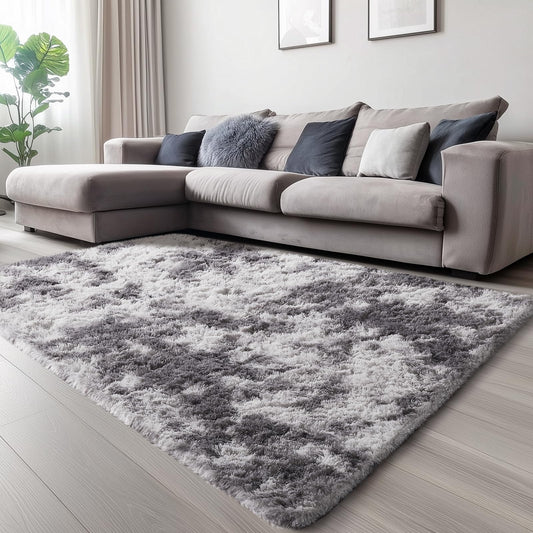 Ophanie Upgrade 4x6 Rugs for Bedroom, Grey&White, Fluffy Shaggy Soft Area Rug, Gray Non-Slip Indoor Floor Carpet for Living Room, Kids Baby Boys Teen Dorm Home Decor Aesthetic, Nursery, Rug