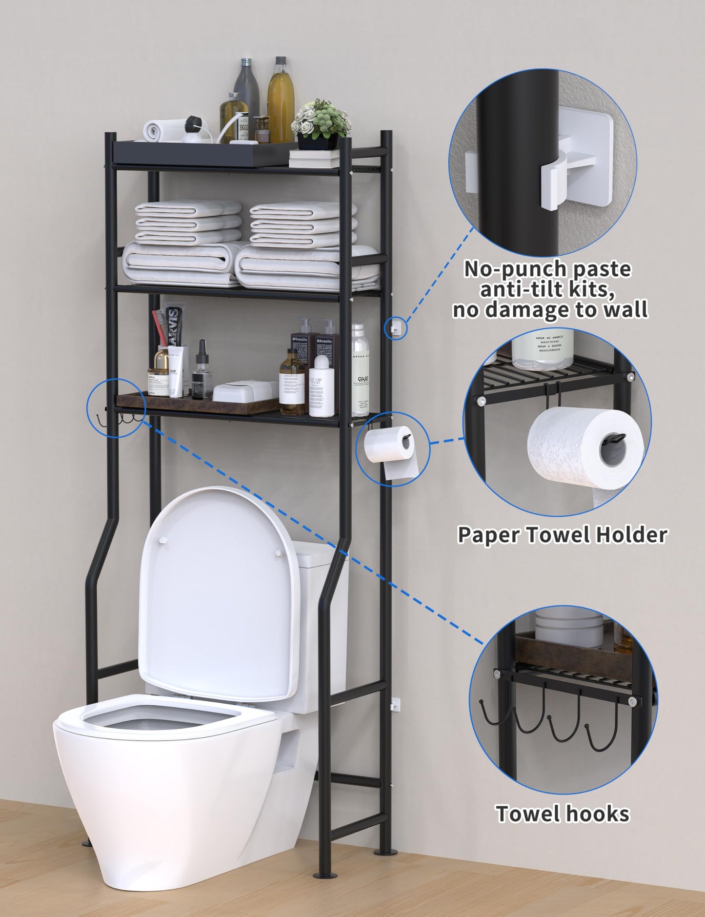 Livilord 3-Tier Over The Toilet Storage, Freestanding Metal Bathroom Shelves with 4 Hooks, Over Toilet Storage Shelf with Paper Holder, Above The Toilet Shelf for Bathroom Storage, Black