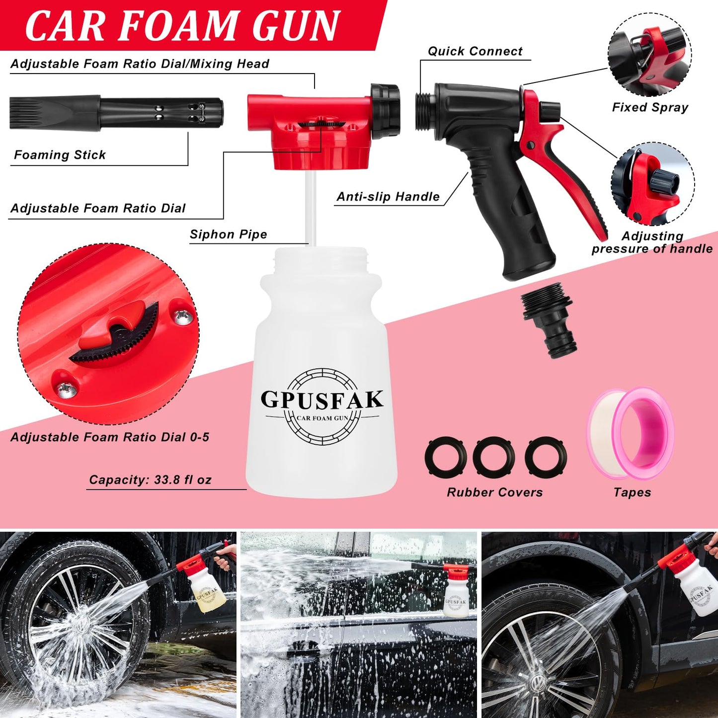 GPUSFAK 46Pcs Car Wash Cleaning Kit with Foam Gun Sprayer Detailing Brushes Car Vacuum Collapsible Bucket Windshield Cleaning Tool Tire Brush Towels Complete Interior Exterior Detailing Set for Car