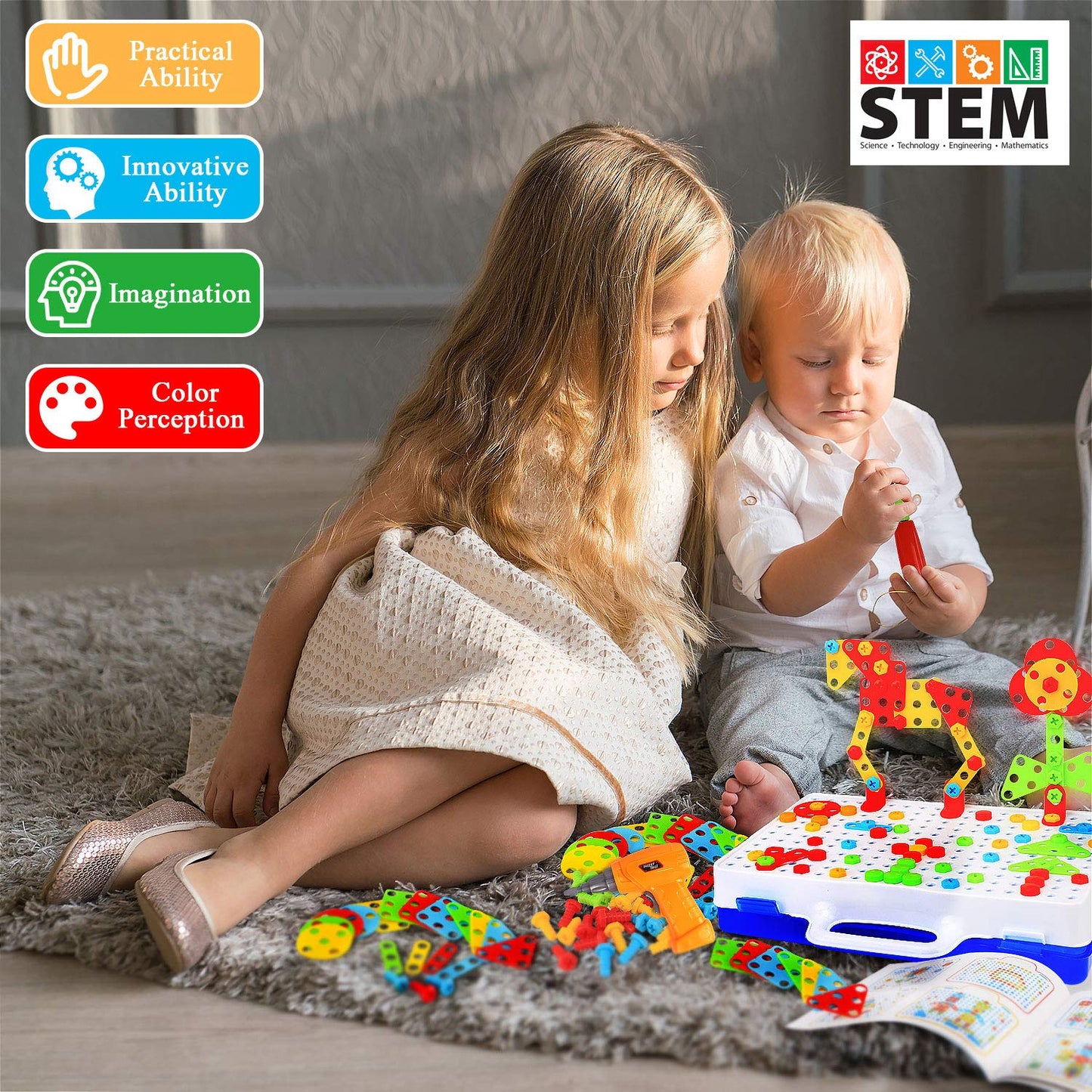 HAPTIME STEM Toys for 3 4 5 6 Year Old,Design and Drill Toy for Kid,Construction Games with Toy Drill,Creative Engineering Building Toys,Magic Montessori Play Toolbox for Toddler Boys Girls Preschool