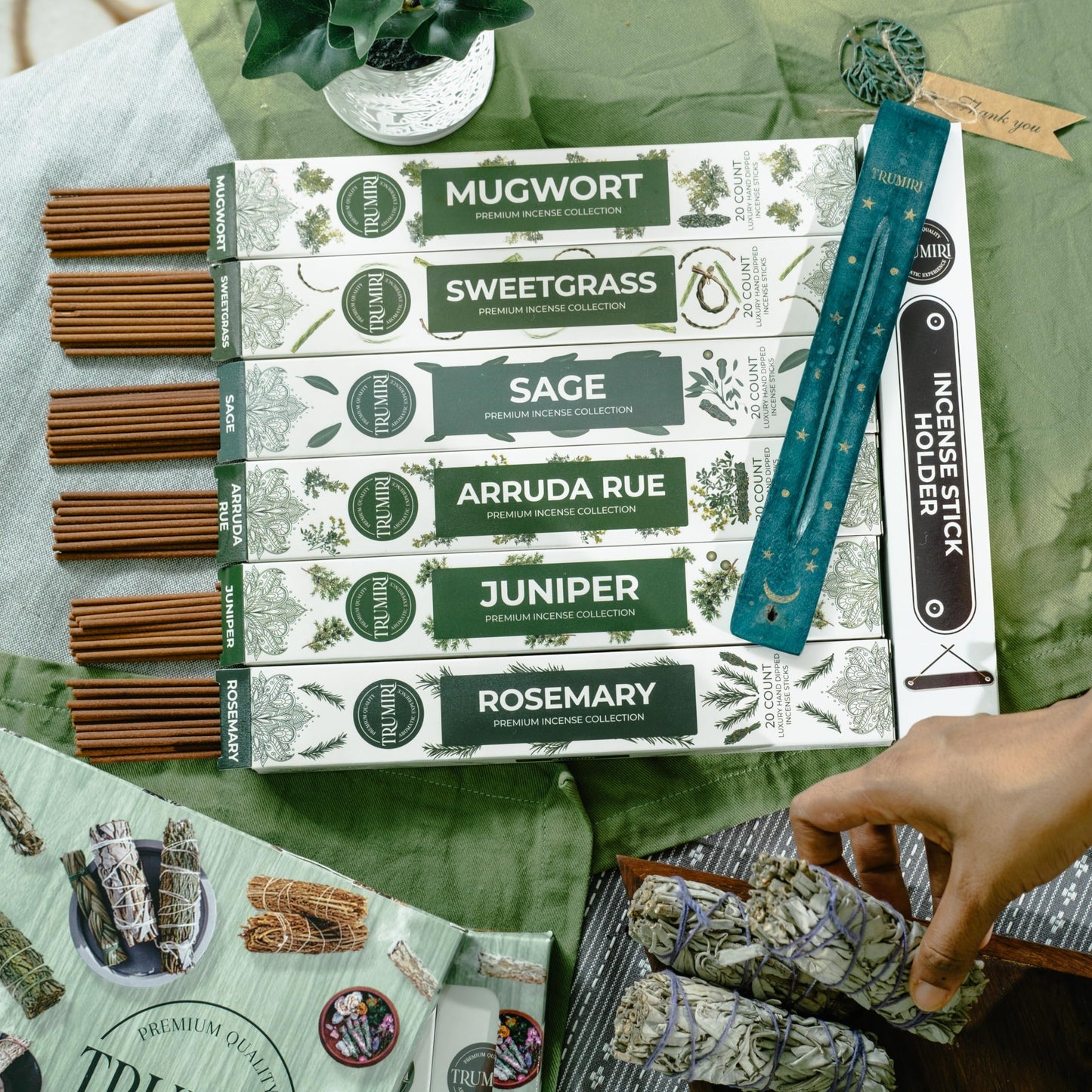Trumiri Incense Sticks for Smudge Kit - Total 120 Insence-Sticks (20 Insense x 6 Incents) - Inciensos Aromaticos para Malas Energias Inscents-Sticks with Sage Sweetgrass for Smudging + Incense Holder
