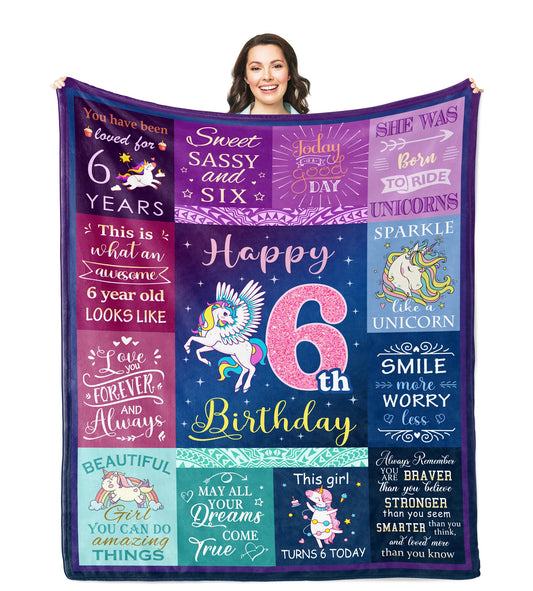 Solzien 6 Year Old Girl Birthday Gift Ideas Blanket 50"x40", Gifts for 6 Year Old Girl/Daughter/Granddaughter/Niece, 6th Birthday Decorations
