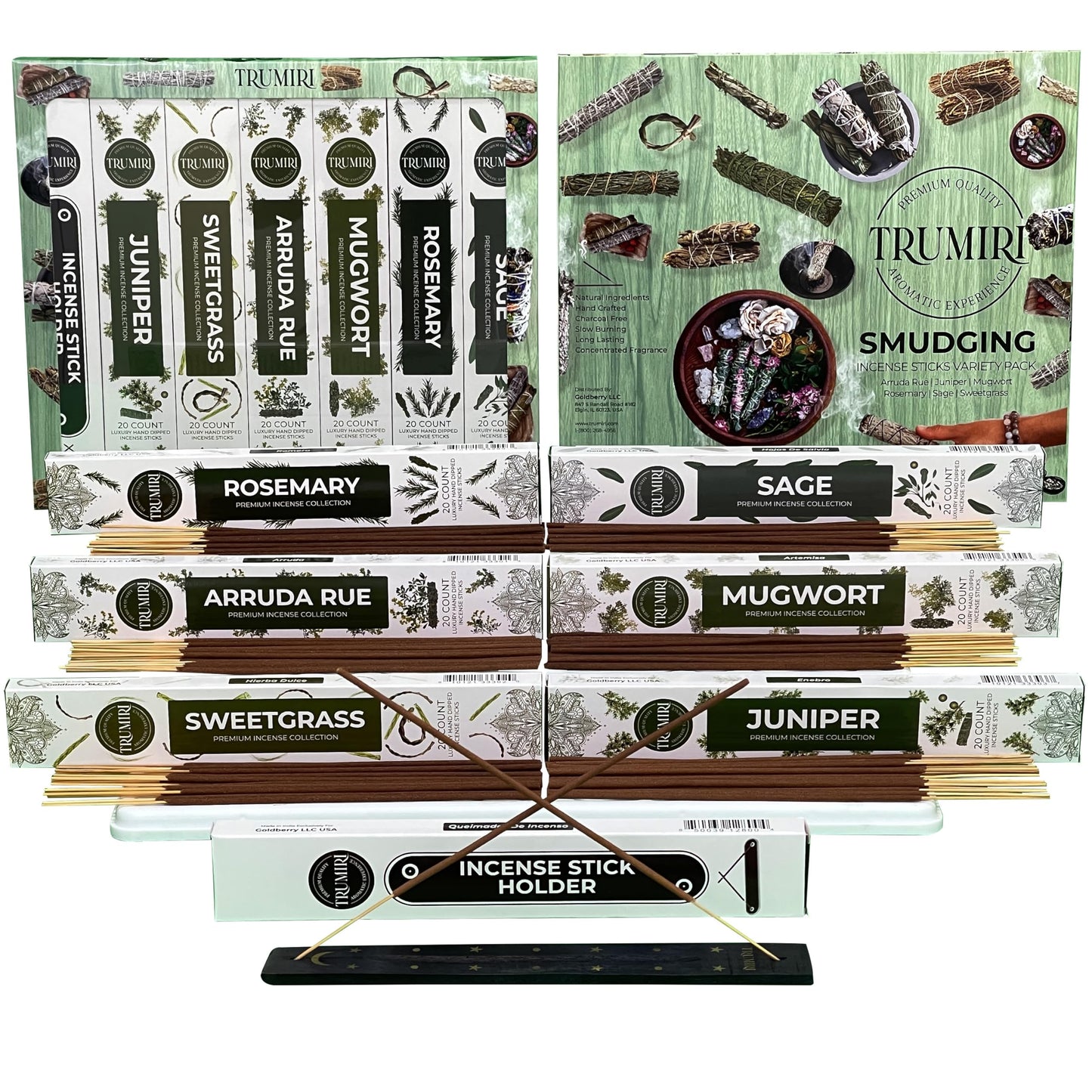 Trumiri Incense Sticks for Smudge Kit - Total 120 Insence-Sticks (20 Insense x 6 Incents) - Inciensos Aromaticos para Malas Energias Inscents-Sticks with Sage Sweetgrass for Smudging + Incense Holder