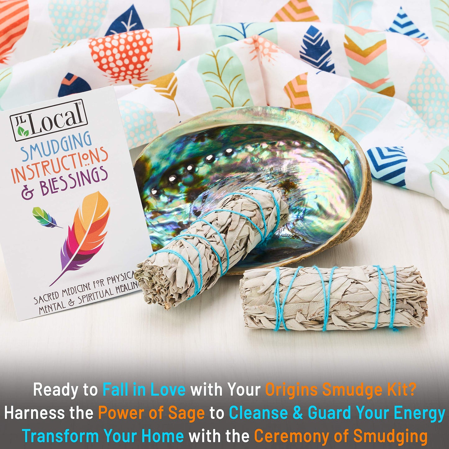 Origins Smudging Kit - 2 White Sage Smudge Stick + Abalone Shell Bowl | Sustainably Sourced Healing Incense for Home Cleansing, Protection, Meditation, Positive Energy