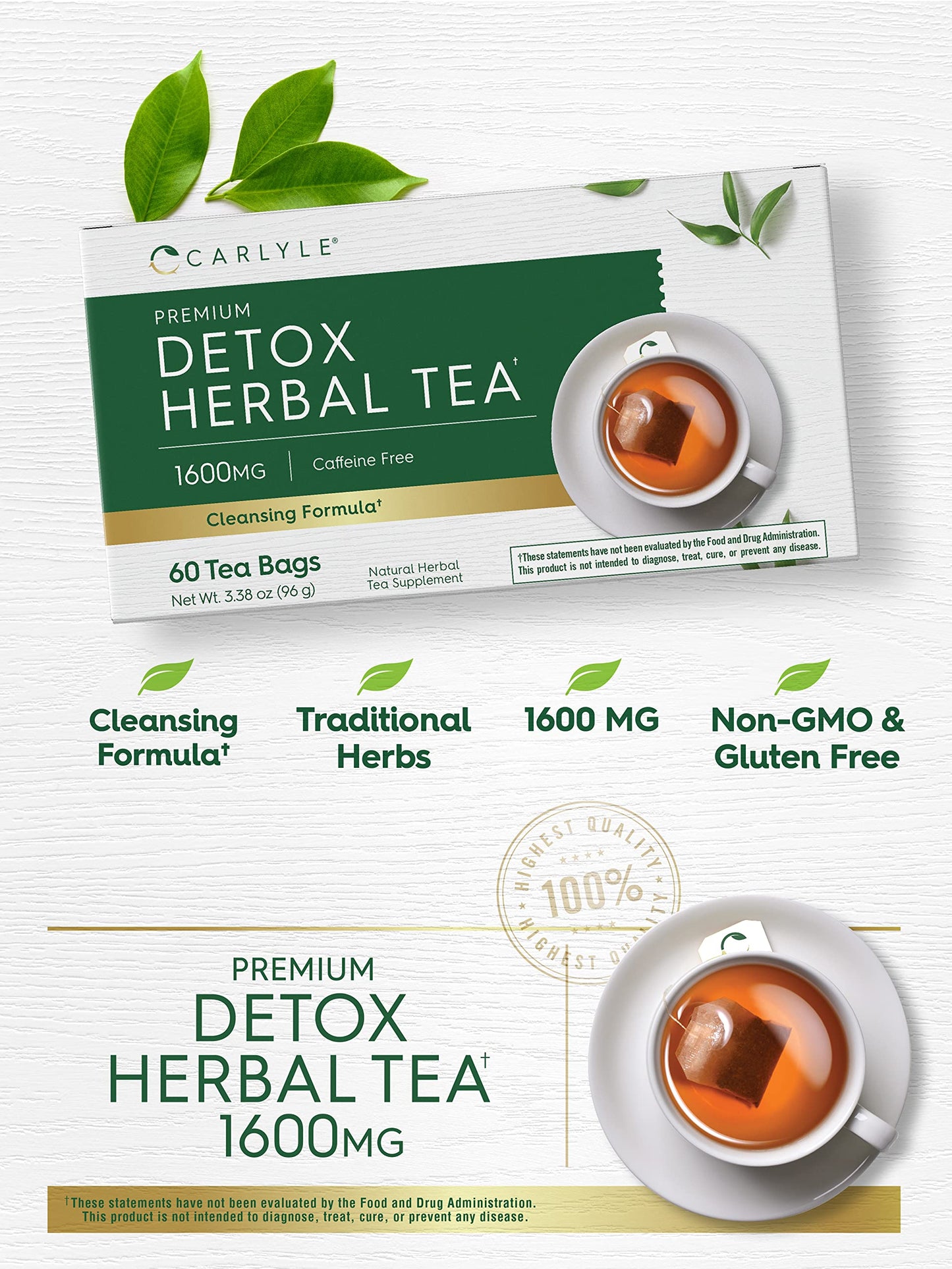 Carlyle Herbal Detox Tea | 60 Tea Bags | Caffeine Free | with Dandelion Root, Ginger Root, and Burdock Root | Vegetarian | Non-GMO & Gluten Free Herbal Blend