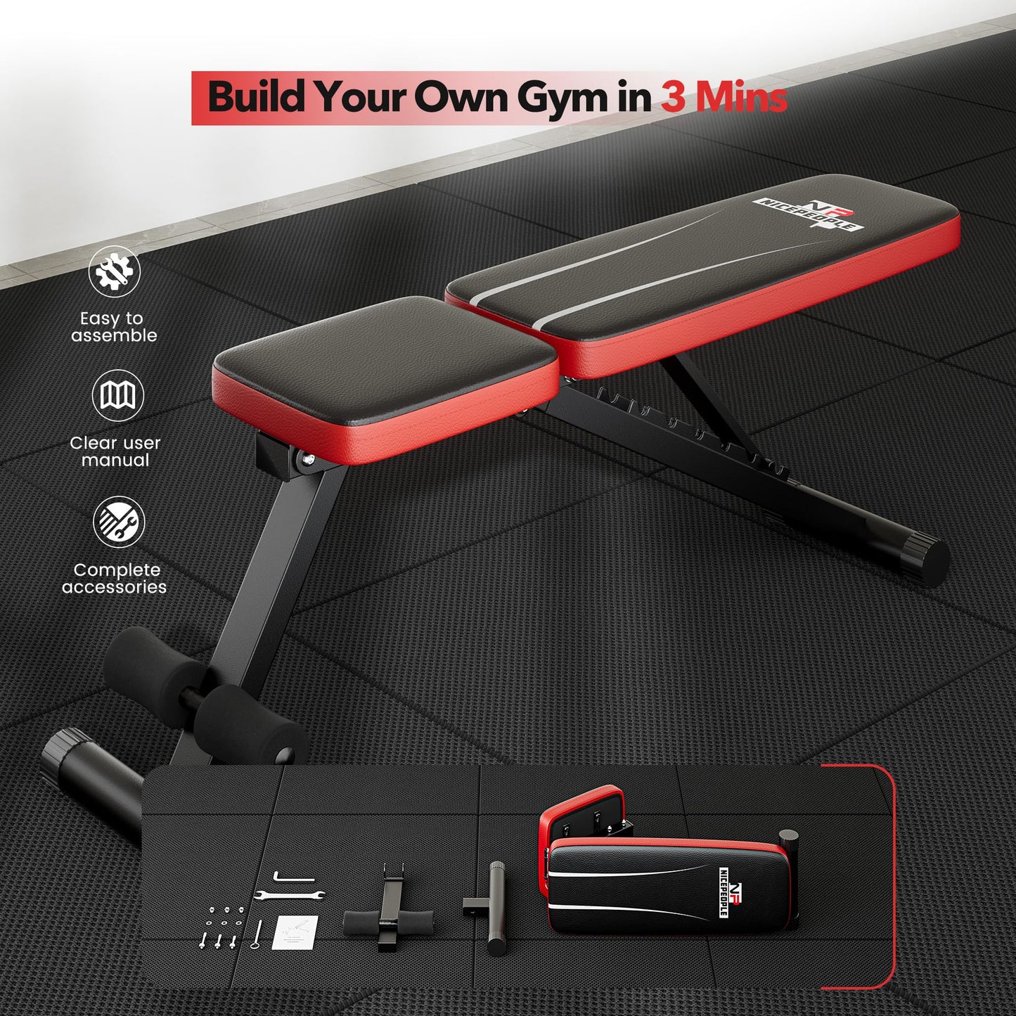NICEPEOPLE Basic Weight Bench for Home Gym, Foldable Workout Bench with 8 Backrests, 660LBS Weight Capacity Adjustable Bench