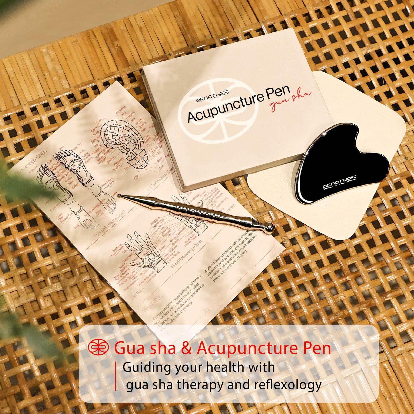 Rena Chris Stainless Steel Gua Sha and Acupuncture Pen, Manual Reflexology Tools for Muscle Tension and Pain Relief, Acupressure Pen and Gua Sha Set with Reflexology Chart, Easy to Use