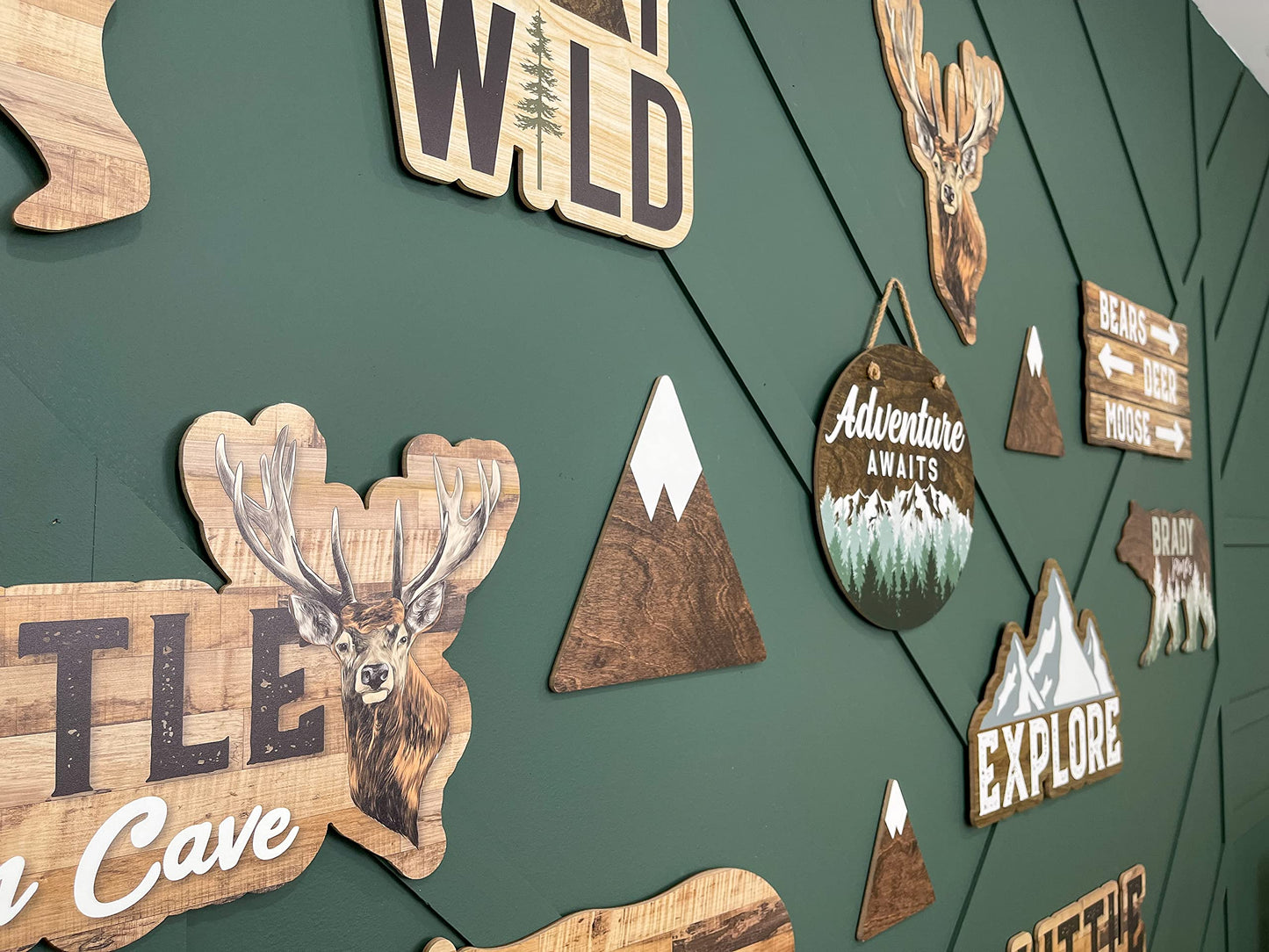 Adventure Awaits Hanging Wall Sign, 12" Wood Round, Green Trees Brown Background, Rustic Home Decor, Woodland Baby Shower Decorations,Hickory Hollow Designs (Adventure Awaits (Dark Walnut))