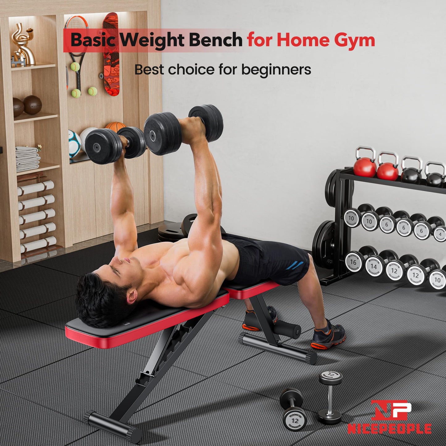 NICEPEOPLE Basic Weight Bench for Home Gym, Foldable Workout Bench with 8 Backrests, 660LBS Weight Capacity Adjustable Bench