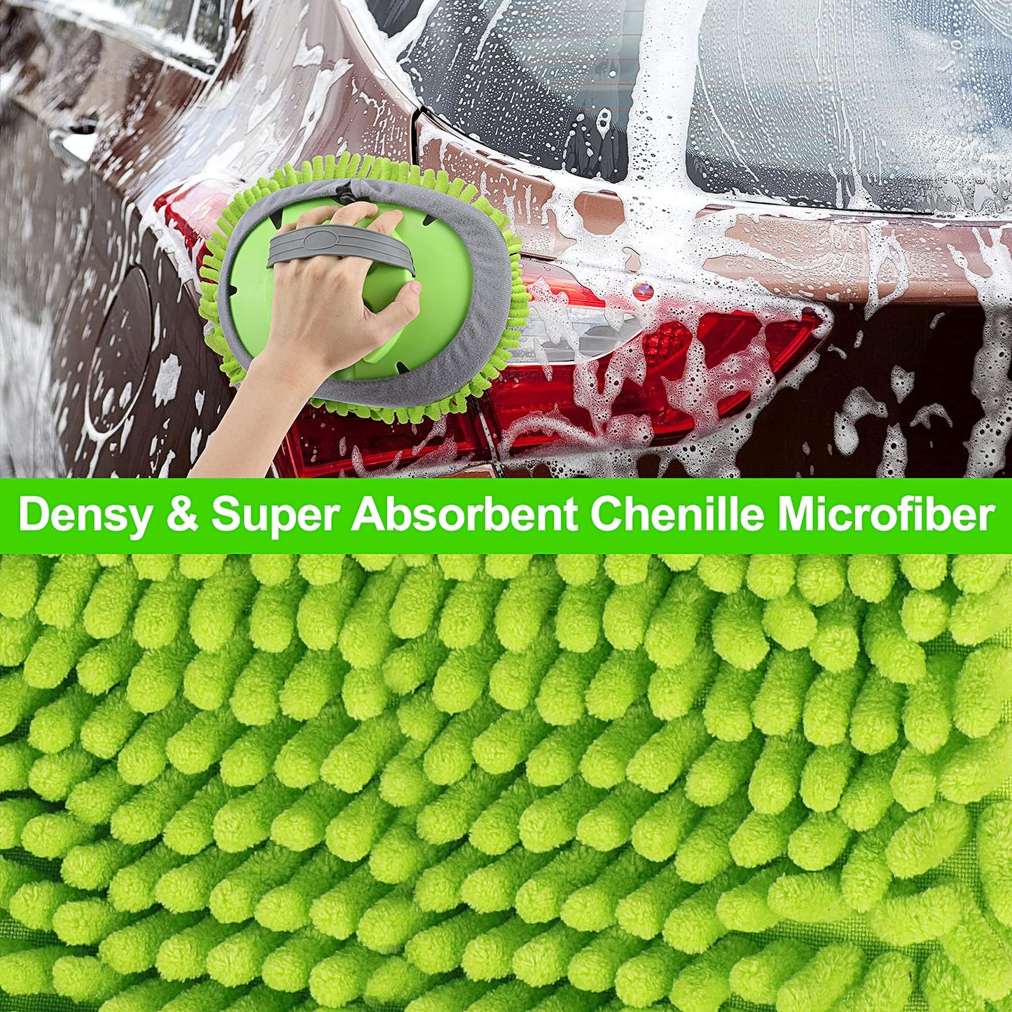 Wontolf 62'' Car Wash Brush with Long Handle Chenille Microfiber Car Wash Mop Mitt Car Cleaning Kit Windshield Window Squeegee Car Duster Microfiber Towels Wheel Tire Brush for Cars RV Truck Boat