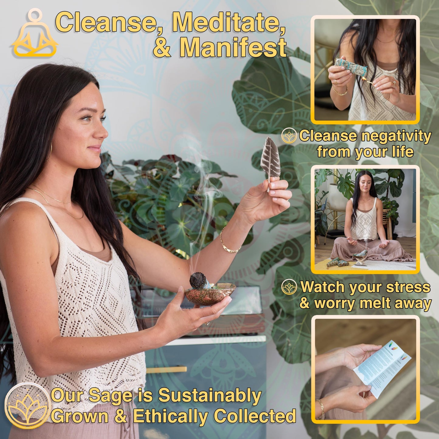 Sage Variety Smudge Kit - White Sage, Blue Sage, Cedar, Juniper, Yerba Santa, Palo Santo, Rosemary, Abalone Shell, Stand, Feather & Instructions | Smudging Kit, Sage Bundle, Smoke Cleanse