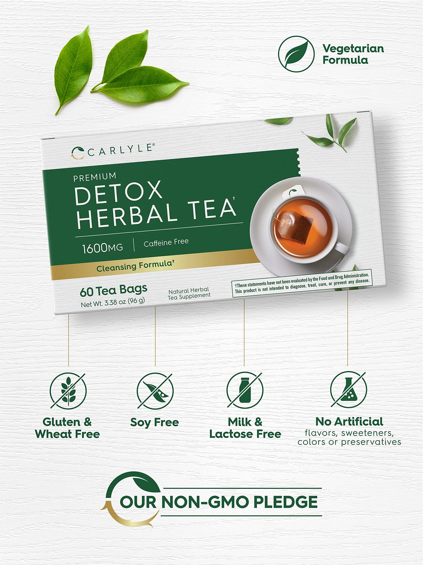 Carlyle Herbal Detox Tea | 60 Tea Bags | Caffeine Free | with Dandelion Root, Ginger Root, and Burdock Root | Vegetarian | Non-GMO & Gluten Free Herbal Blend