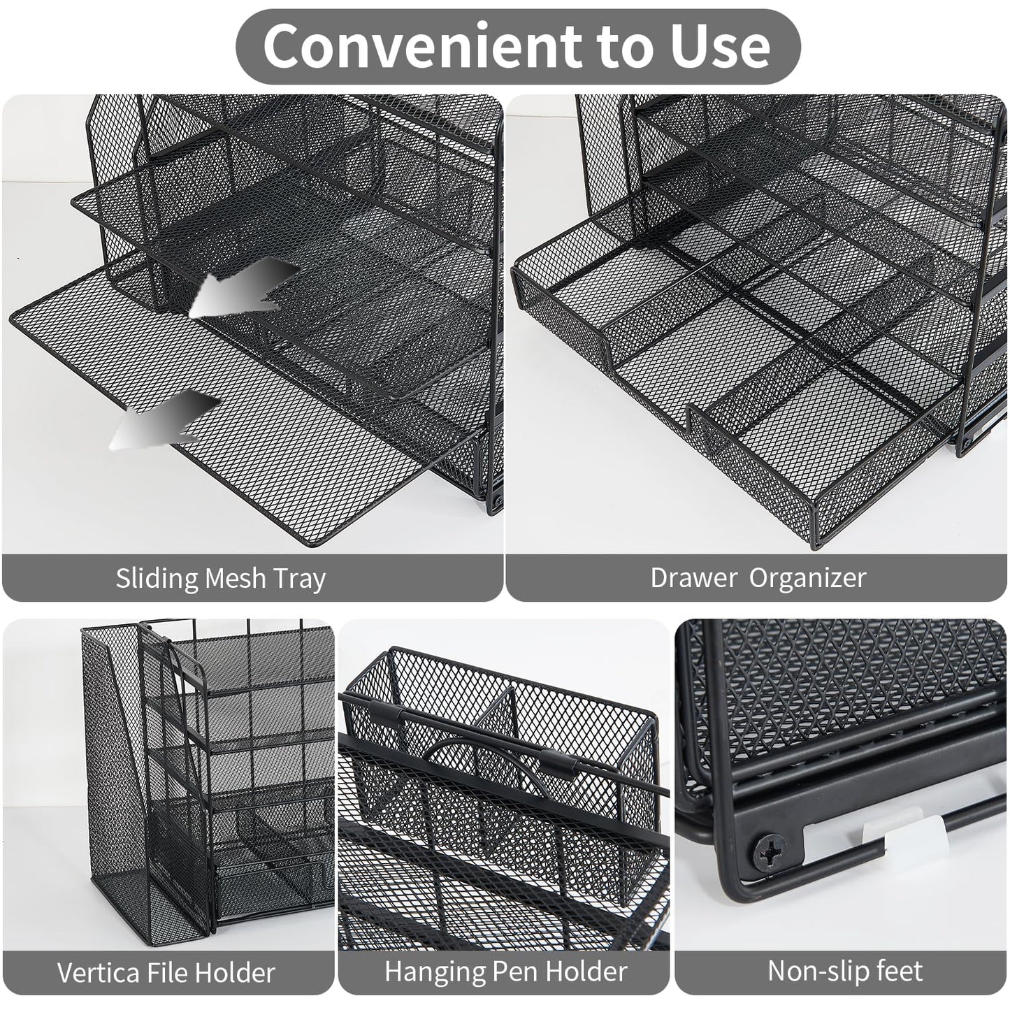 Youbetia Paper Tray Organizer with Mesh File Holder, 5 Tier Desk Accessories & Workspace Desk Organizers with Pen Holder, Office Desk Accessories Desktop Organization for Office Supplies (Black)