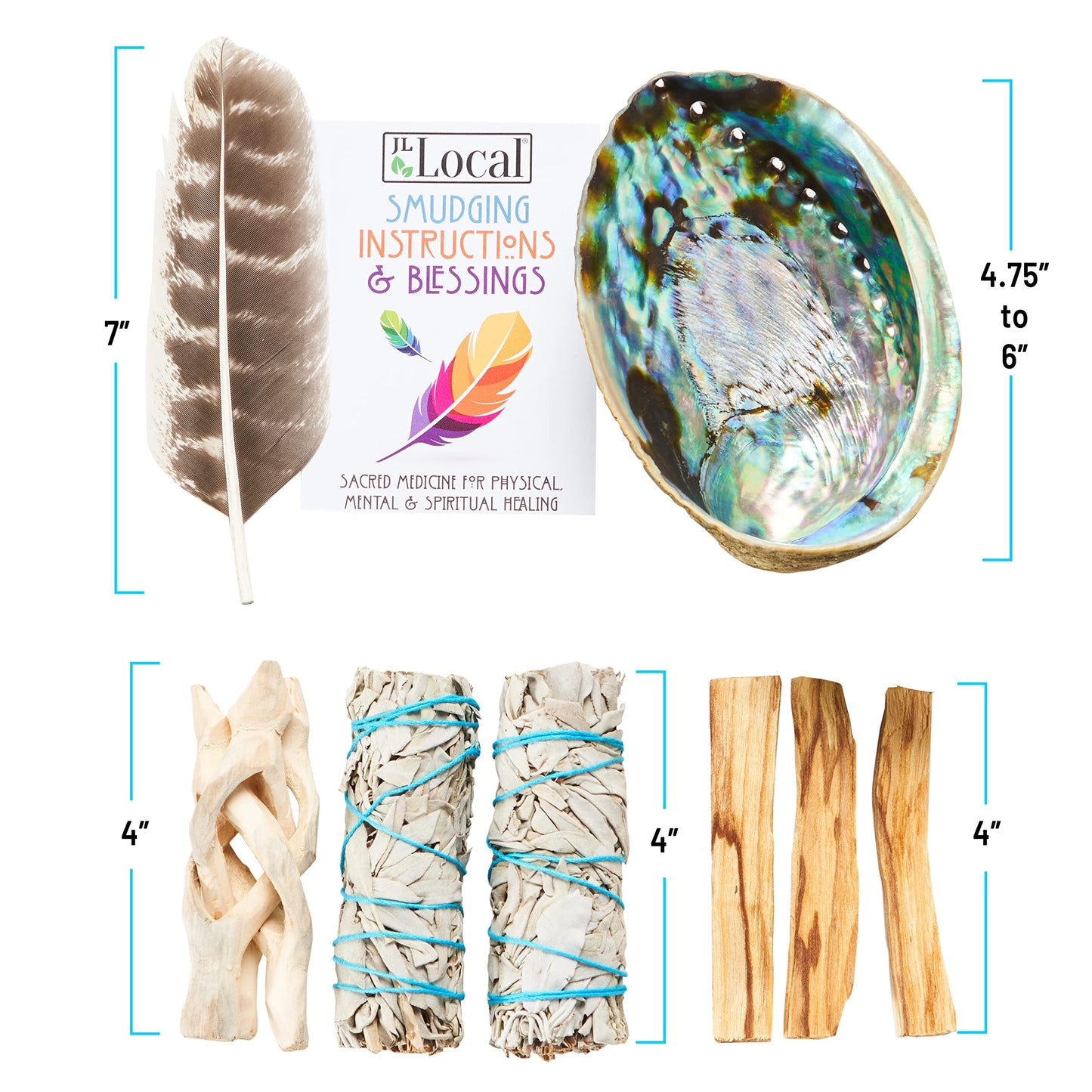 Smudge Kit - White Sage, Palo Santo, Abalone Shell, Smudging Feather for Healing, Purifying, Meditating & Incense (Essentials Plus)