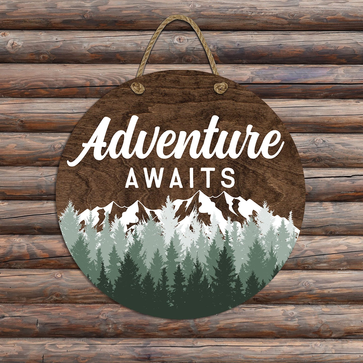 Adventure Awaits Hanging Wall Sign, 12" Wood Round, Green Trees Brown Background, Rustic Home Decor, Woodland Baby Shower Decorations,Hickory Hollow Designs (Adventure Awaits (Dark Walnut))