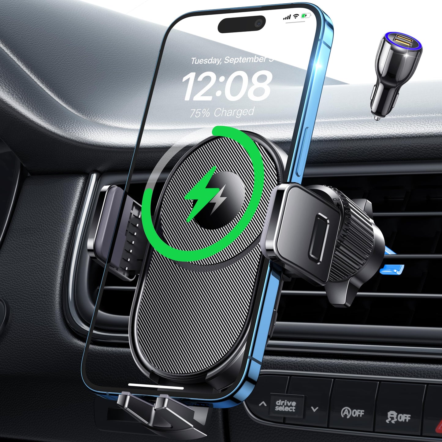 Wireless Car Charger, 15W Fast Charging Auto Clamping Car Phone Holder Wireless Charger Air Vent Car Phone Mount fit for iPhone 15 14 13 12 Mini Pro Max 11 XR XS X, Samsung Galaxy S23 S22 S21+