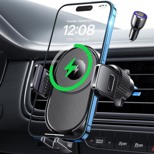 Wireless Car Charger, 15W Fast Charging Auto Clamping Car Phone Holder Wireless Charger Air Vent Car Phone Mount fit for iPhone 15 14 13 12 Mini Pro Max 11 XR XS X, Samsung Galaxy S23 S22 S21+